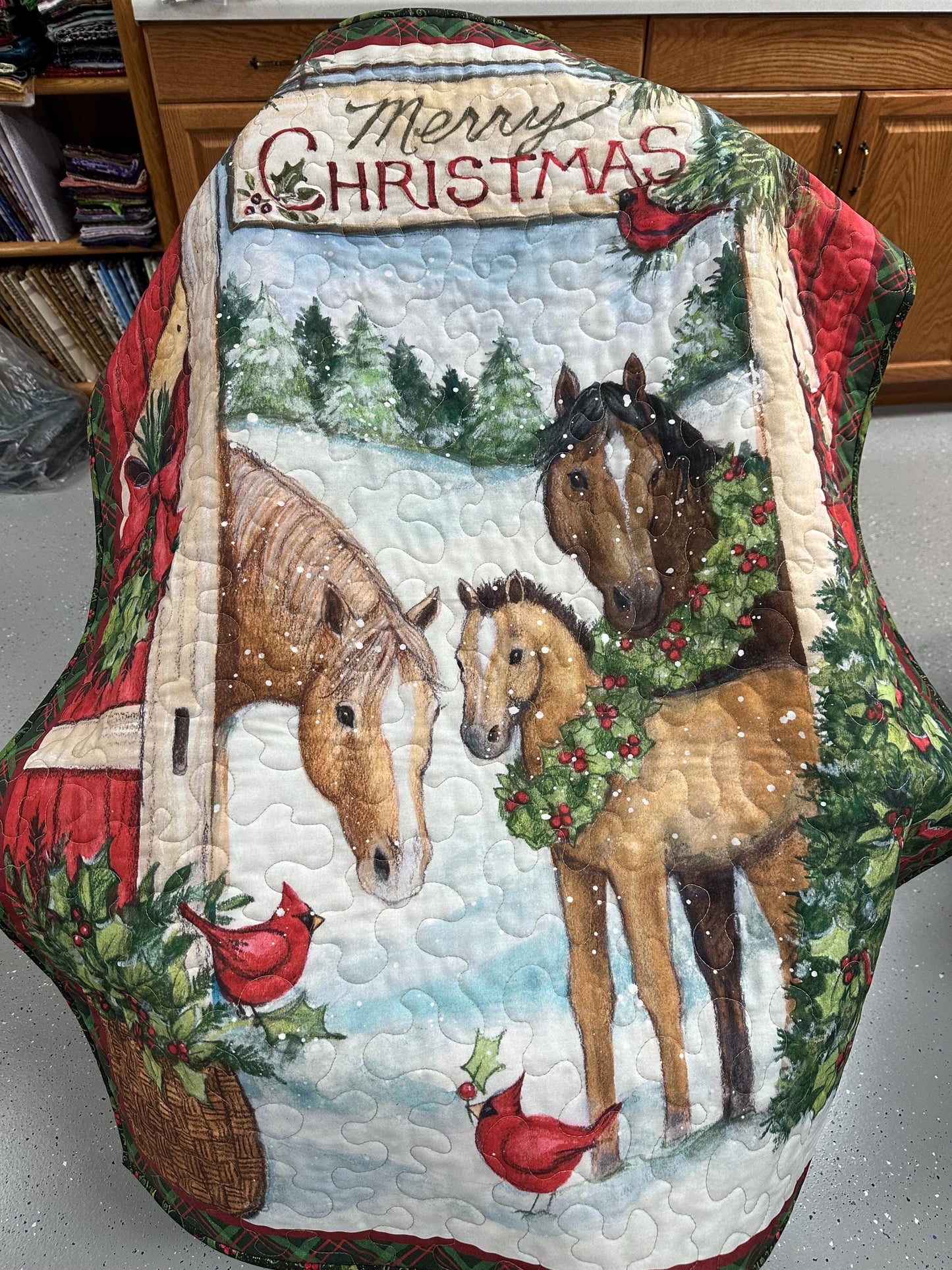 Handmade Three Horses Christmas Quilt Wall Hanging - 35x43 Lap Blanket Holiday Decor Art