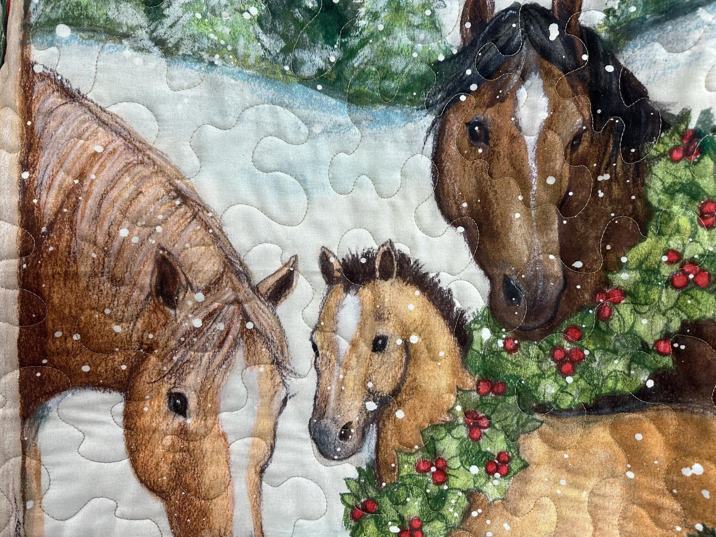 Handmade Three Horses Christmas Quilt Wall Hanging - 35x43 Lap Blanket Holiday Decor Art