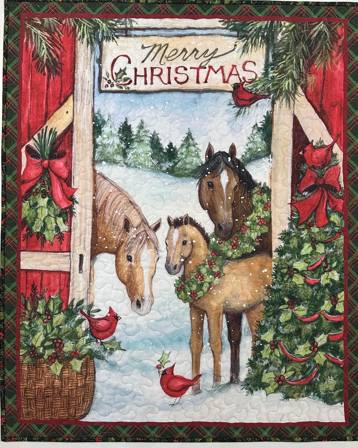 Handmade Three Horses Christmas Quilt Wall Hanging - 35x43 Lap Blanket Holiday Decor Art