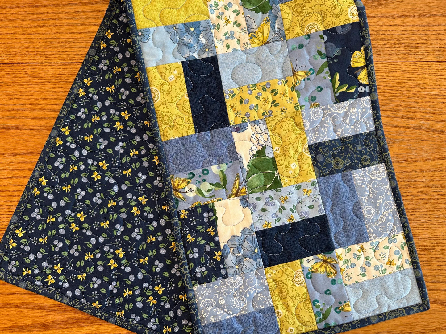Handmade Blue Quilted Table Runner, 13 x 40, Butterflies Flowers - Custom Kitchen Centerpiece Decor