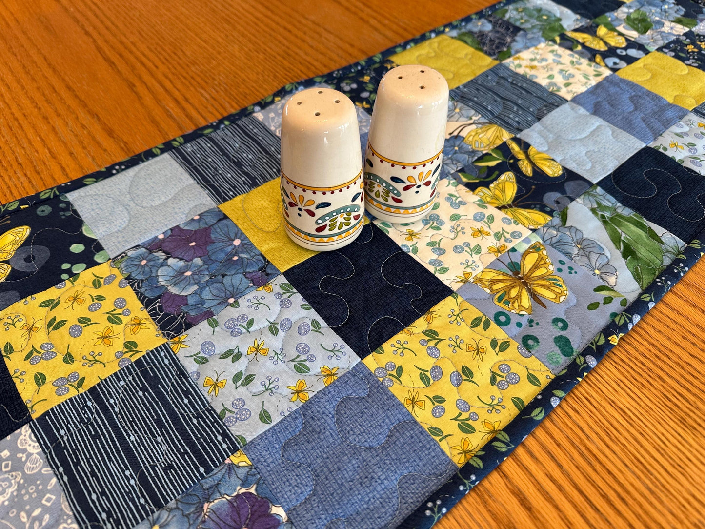 Blue Butterfly Floral Quilted Table Runner: 13 x 40, Handmade Cotton Kitchen Decor