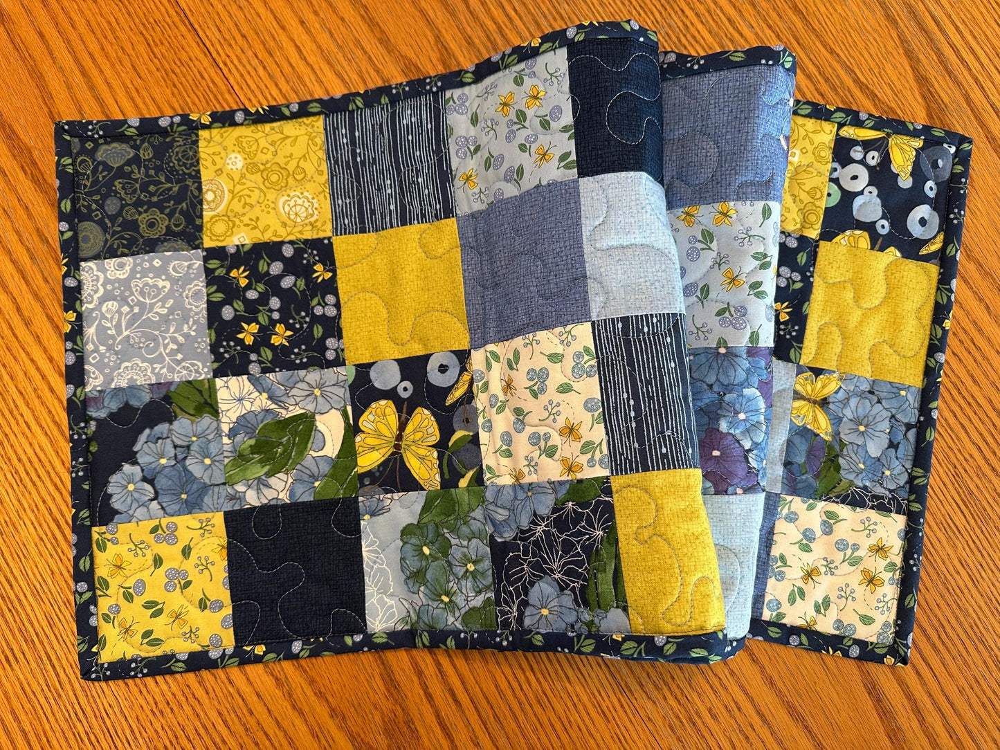 Blue Butterfly Floral Quilted Table Runner: 13 x 40, Handmade Cotton Kitchen Decor