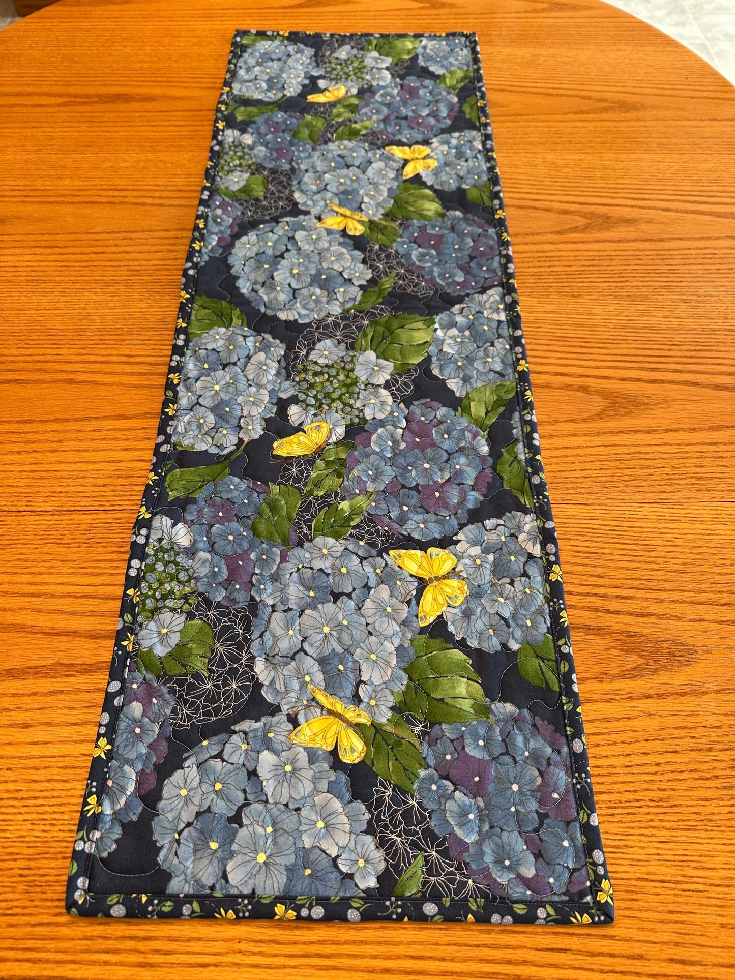 Blue Butterfly Floral Quilted Table Runner: 13 x 40, Handmade Cotton Kitchen Decor