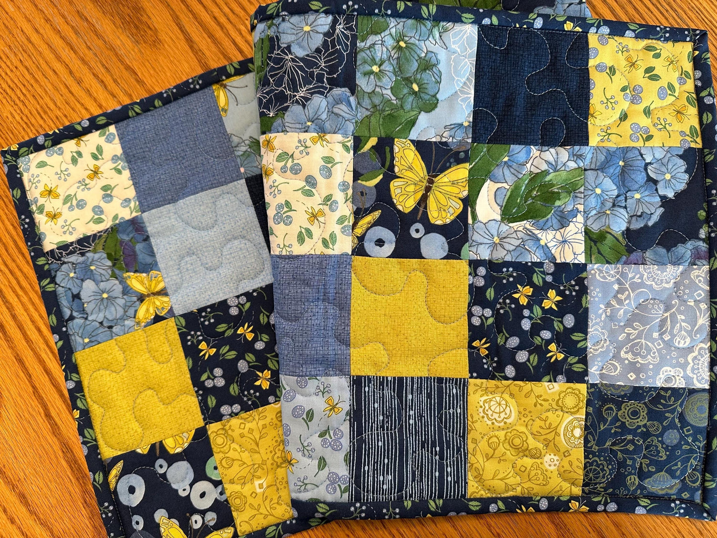 Blue Butterfly Floral Quilted Table Runner: 13 x 40, Handmade Cotton Kitchen Decor