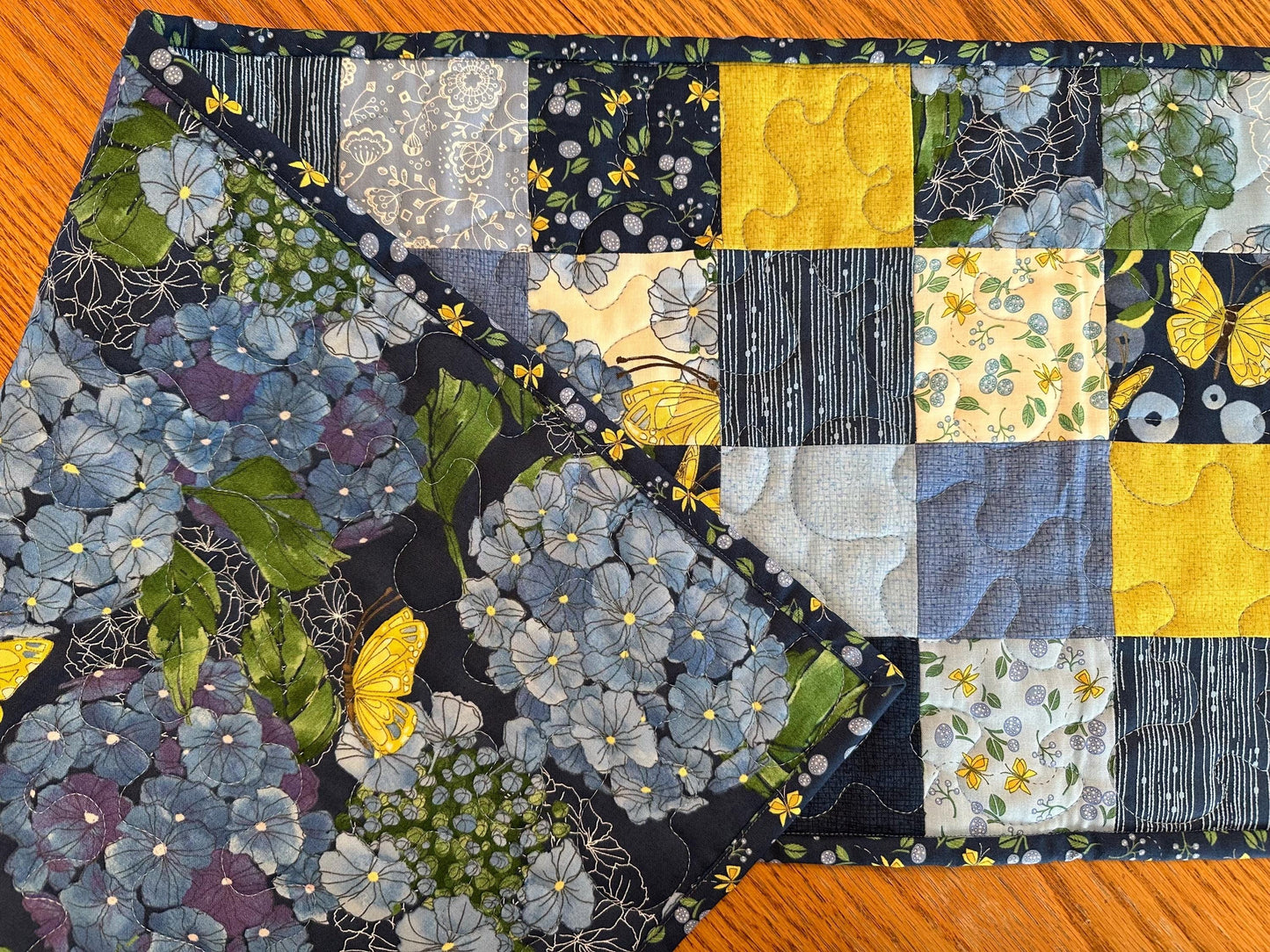 Blue Butterfly Floral Quilted Table Runner: 13 x 40, Handmade Cotton Kitchen Decor
