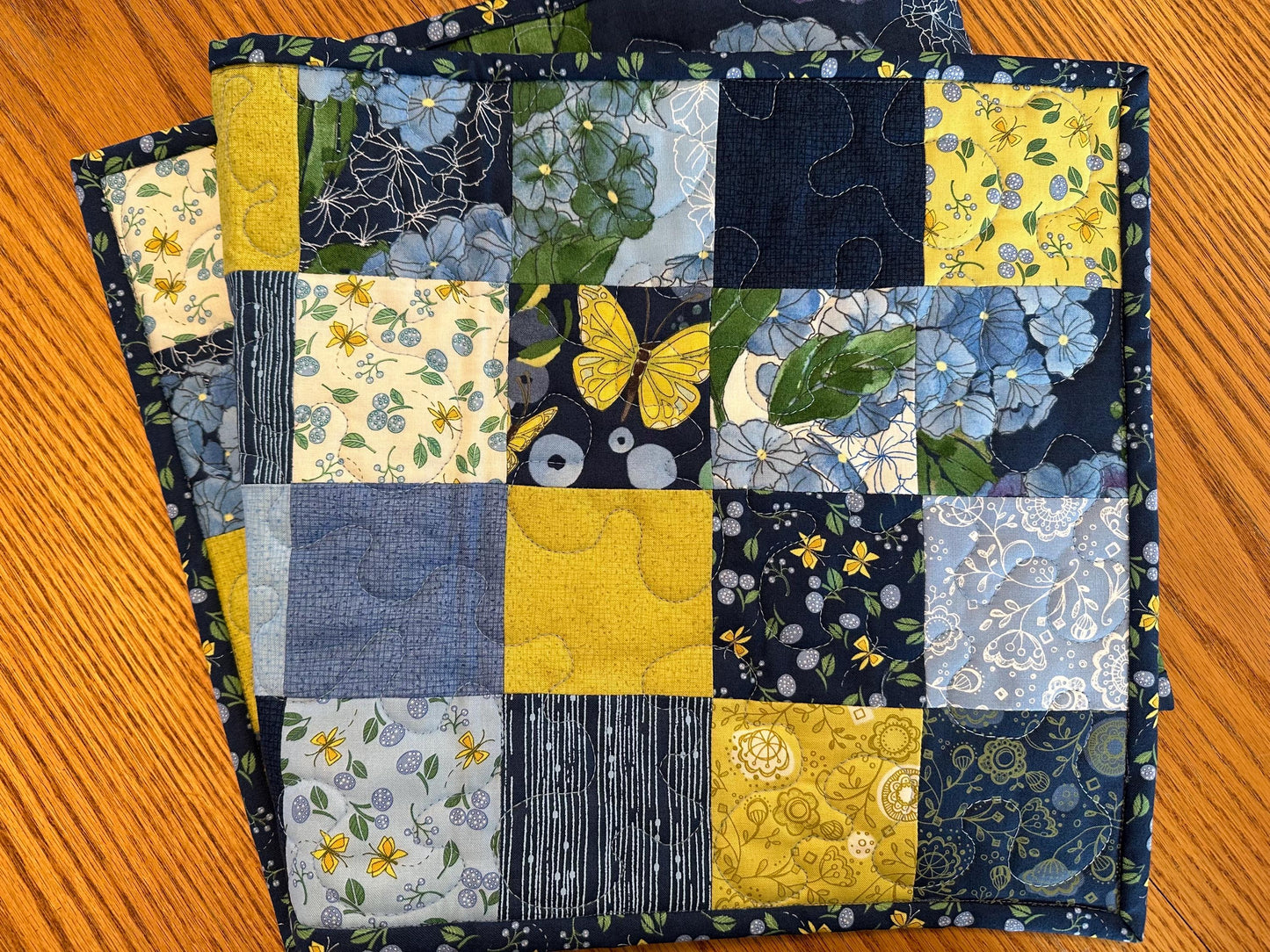 Blue Butterfly Floral Quilted Table Runner: 13 x 40, Handmade Cotton Kitchen Decor