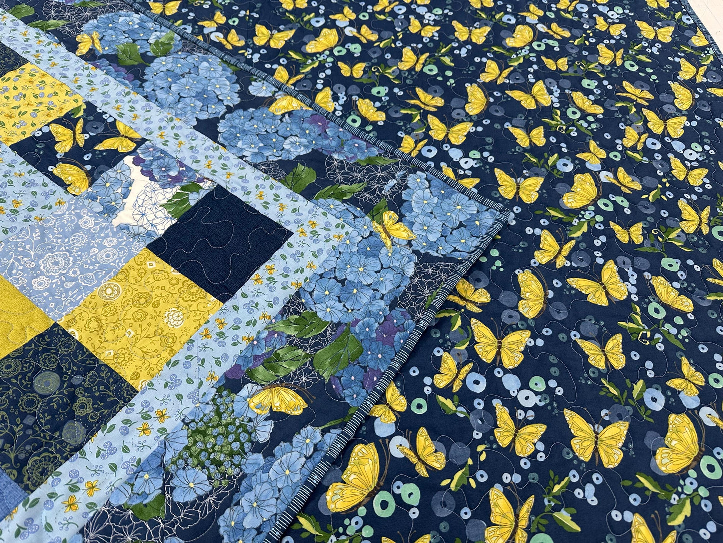 Handmade Patchwork Quilt, Blue Yellow Butterflies - Floral Sofa Throw - 59x72