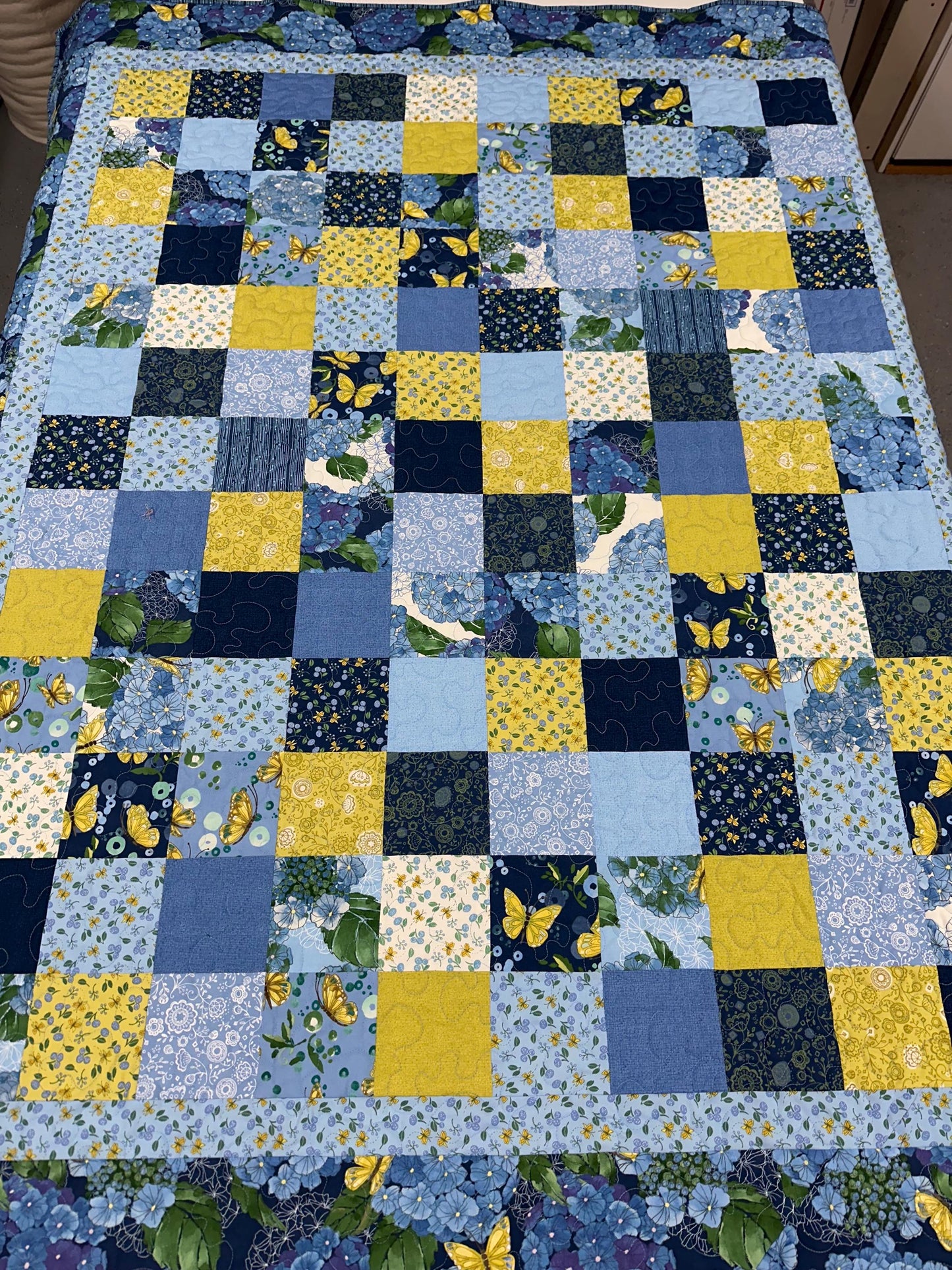 Handmade Patchwork Quilt, Blue Yellow Butterflies - Floral Sofa Throw - 59x72