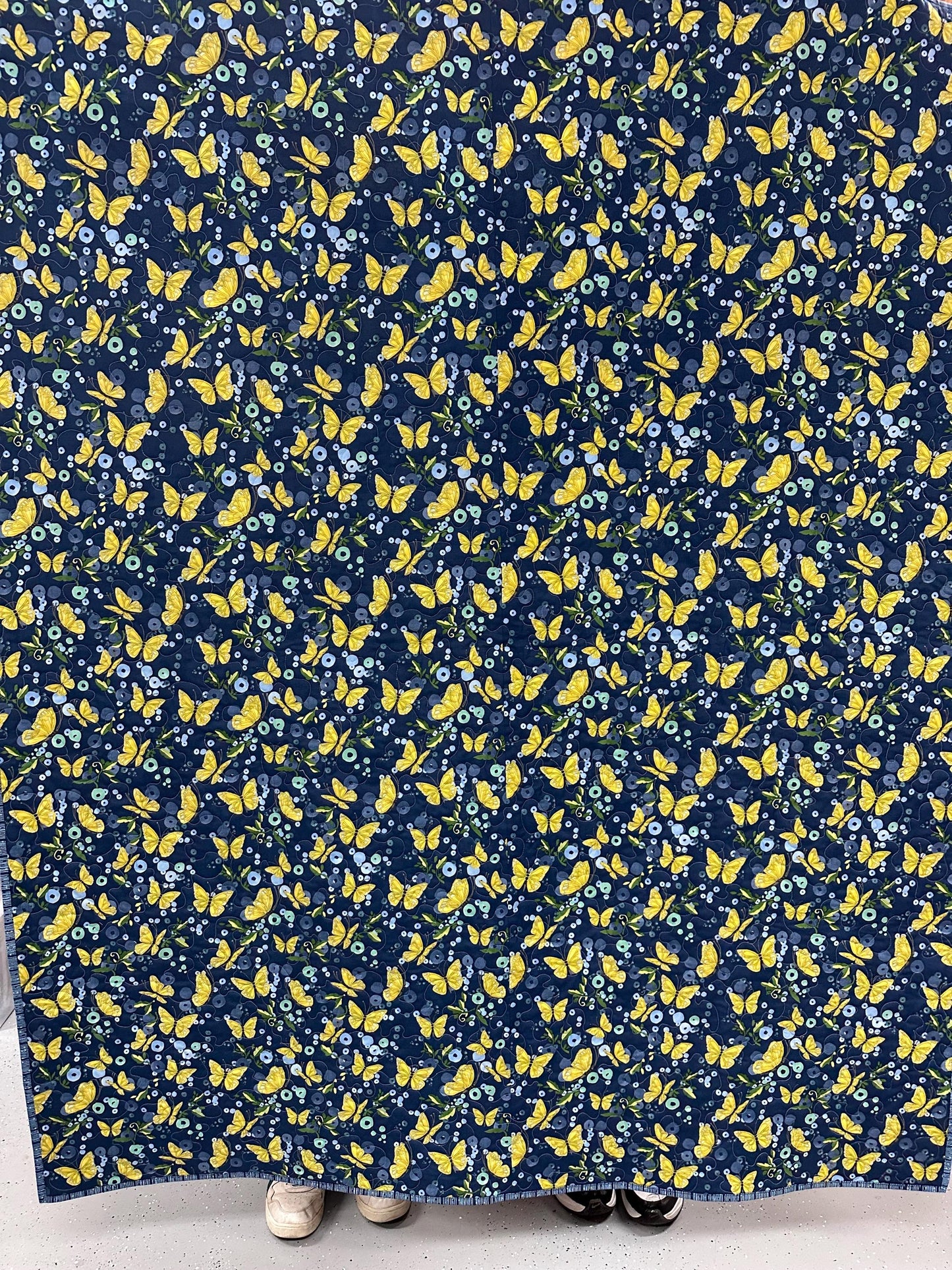 Handmade Patchwork Quilt, Blue Yellow Butterflies - Floral Sofa Throw - 59x72