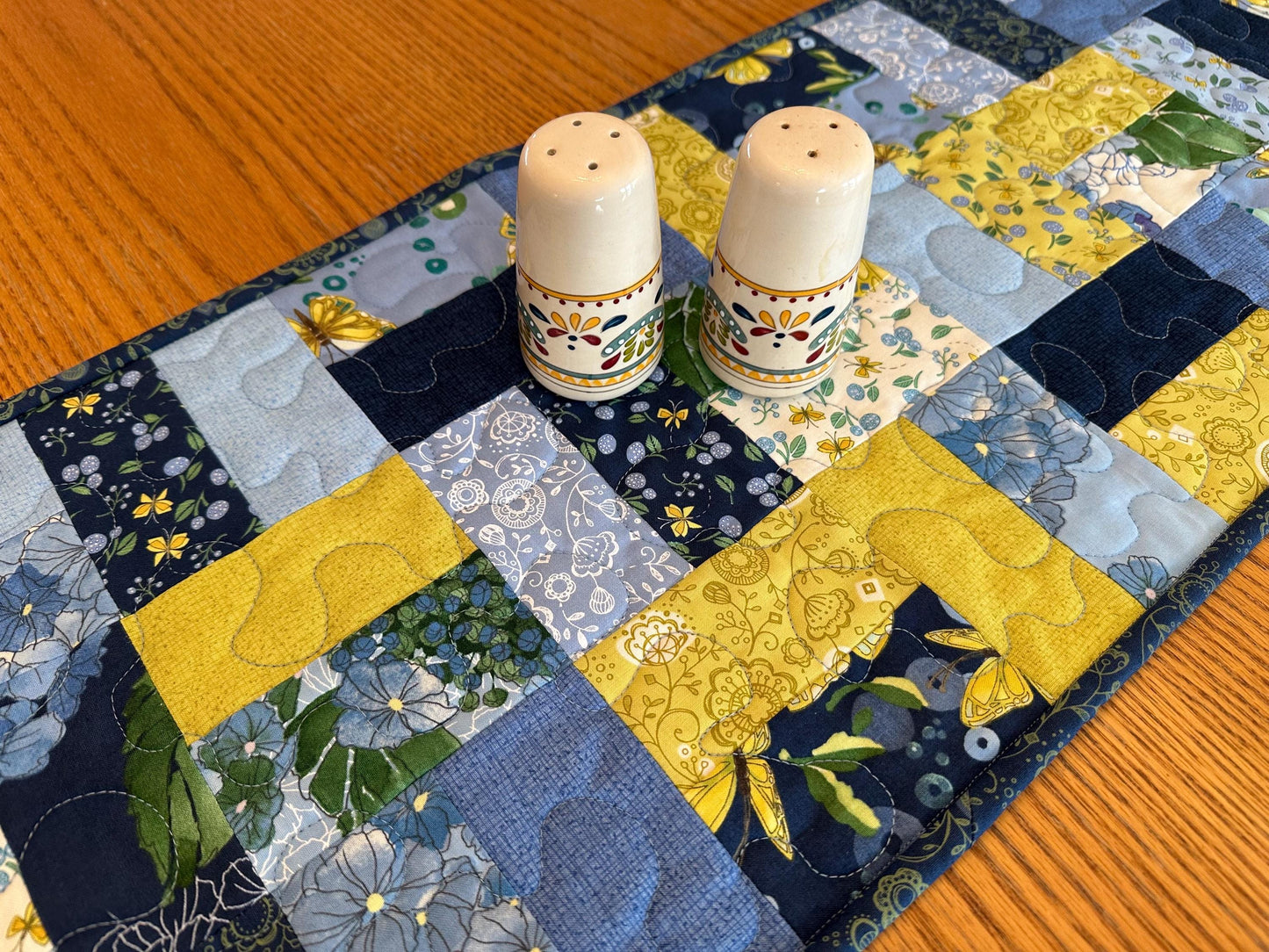 Handmade Blue Quilted Table Runner, 13 x 40, Butterflies Flowers - Custom Kitchen Centerpiece Decor