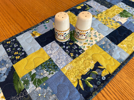Handmade Blue Quilted Table Runner, 13 x 40, Butterflies Flowers - Custom Kitchen Centerpiece Decor