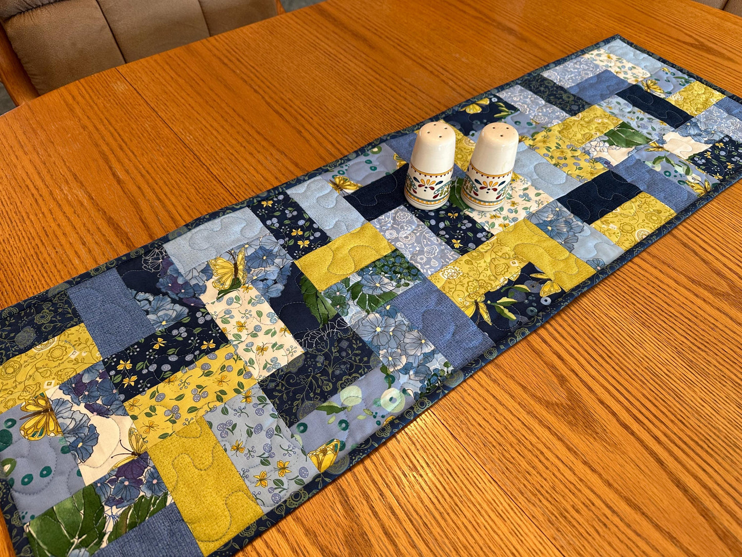 Handmade Blue Quilted Table Runner, 13 x 40, Butterflies Flowers - Custom Kitchen Centerpiece Decor