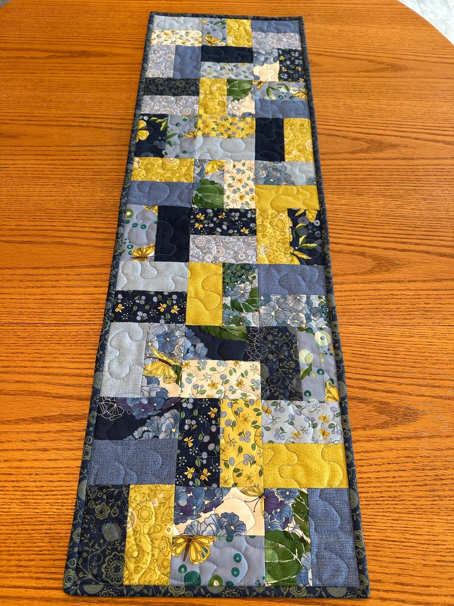 Handmade Blue Quilted Table Runner, 13 x 40, Butterflies Flowers - Custom Kitchen Centerpiece Decor