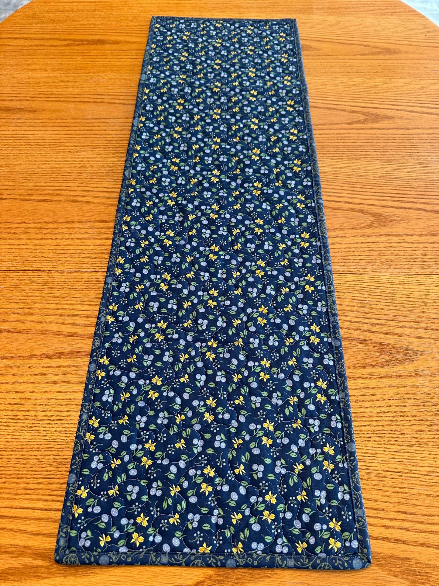 Handmade Blue Quilted Table Runner, 13 x 40, Butterflies Flowers - Custom Kitchen Centerpiece Decor