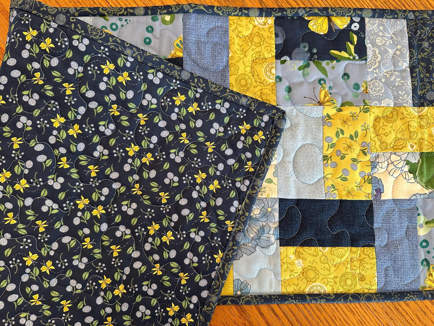 Handmade Blue Quilted Table Runner, 13 x 40, Butterflies Flowers - Custom Kitchen Centerpiece Decor