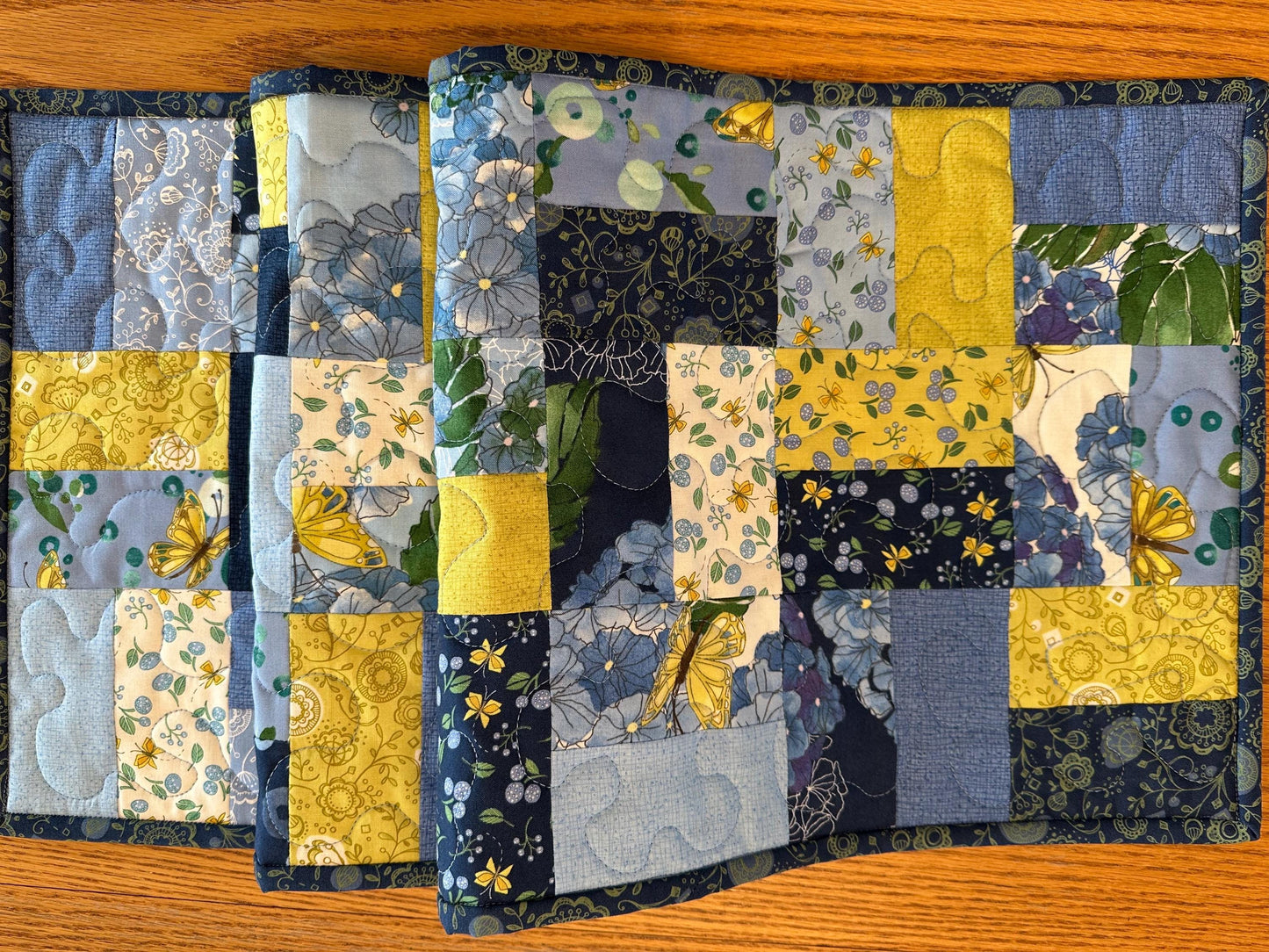 Handmade Blue Quilted Table Runner, 13 x 40, Butterflies Flowers - Custom Kitchen Centerpiece Decor
