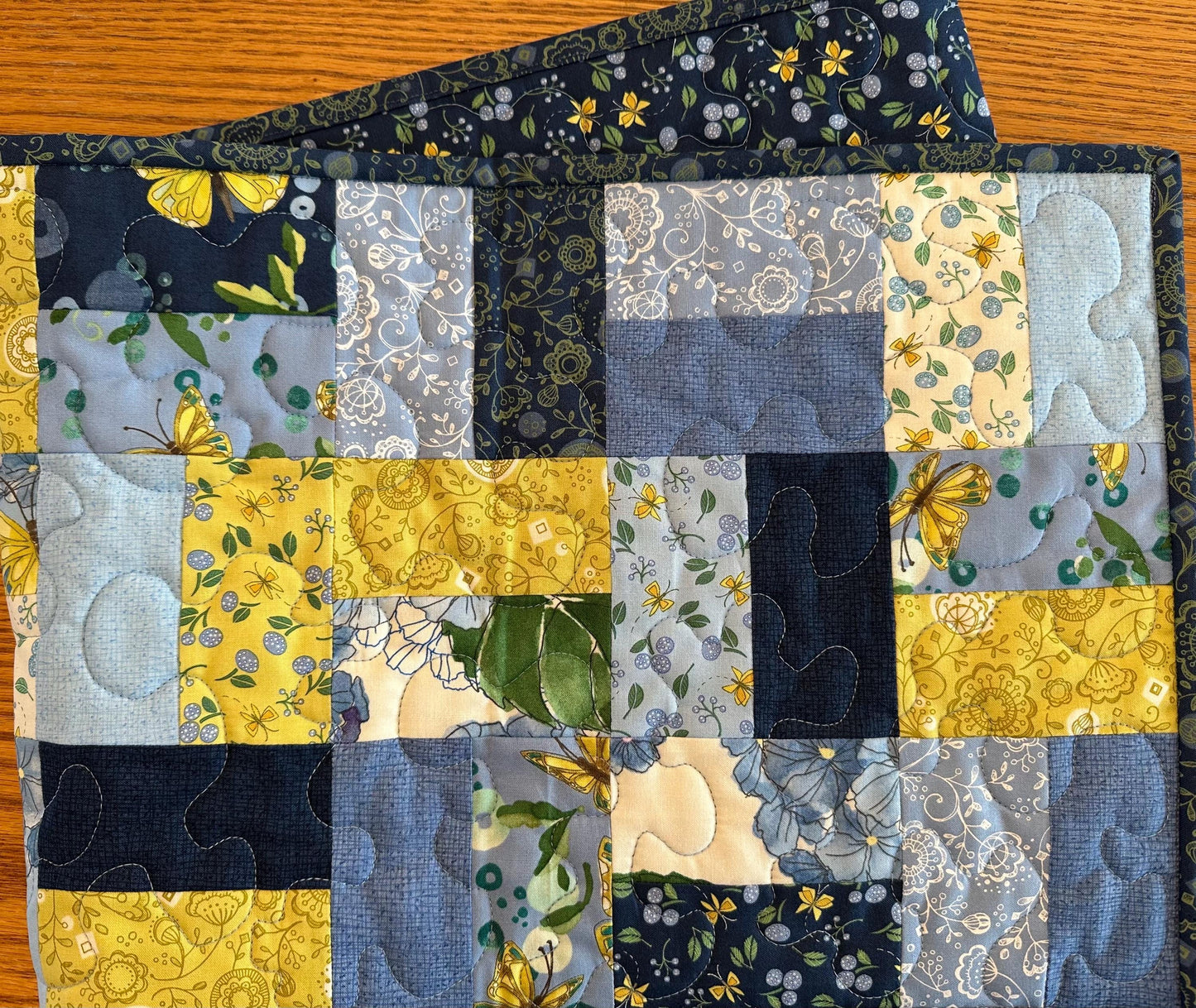 Handmade Blue Quilted Table Runner, 13 x 40, Butterflies Flowers - Custom Kitchen Centerpiece Decor