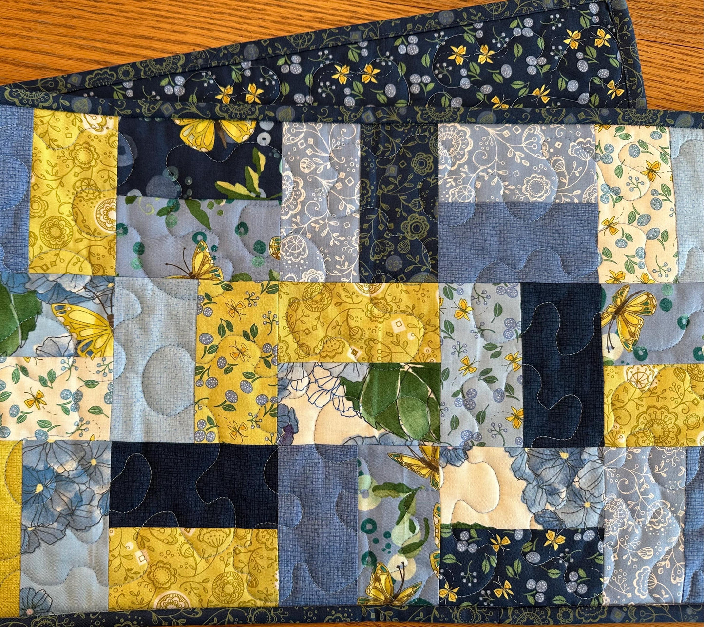Handmade Blue Quilted Table Runner, 13 x 40, Butterflies Flowers - Custom Kitchen Centerpiece Decor