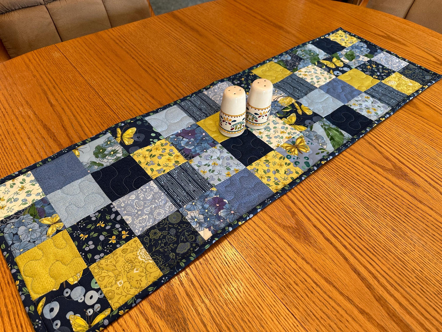 Blue Butterfly Floral Quilted Table Runner: 13 x 40, Handmade Cotton Kitchen Decor