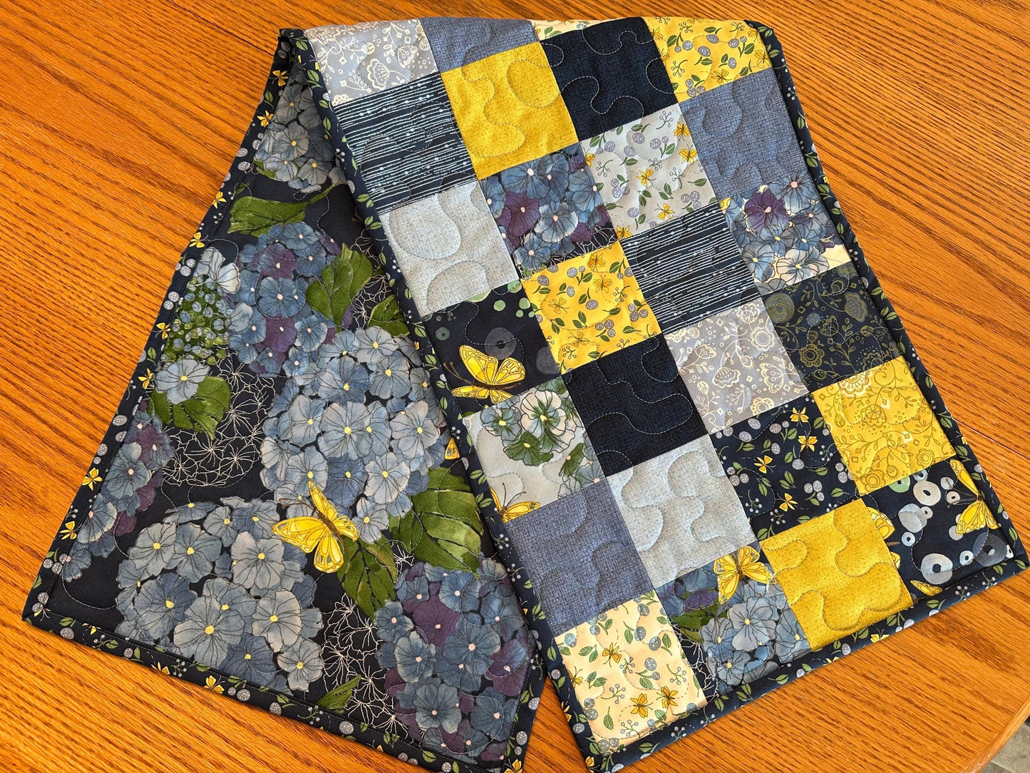 Blue Butterfly Floral Quilted Table Runner: 13 x 40, Handmade Cotton Kitchen Decor