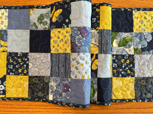 Blue Butterfly Floral Quilted Table Runner: 13 x 40, Handmade Cotton Kitchen Decor