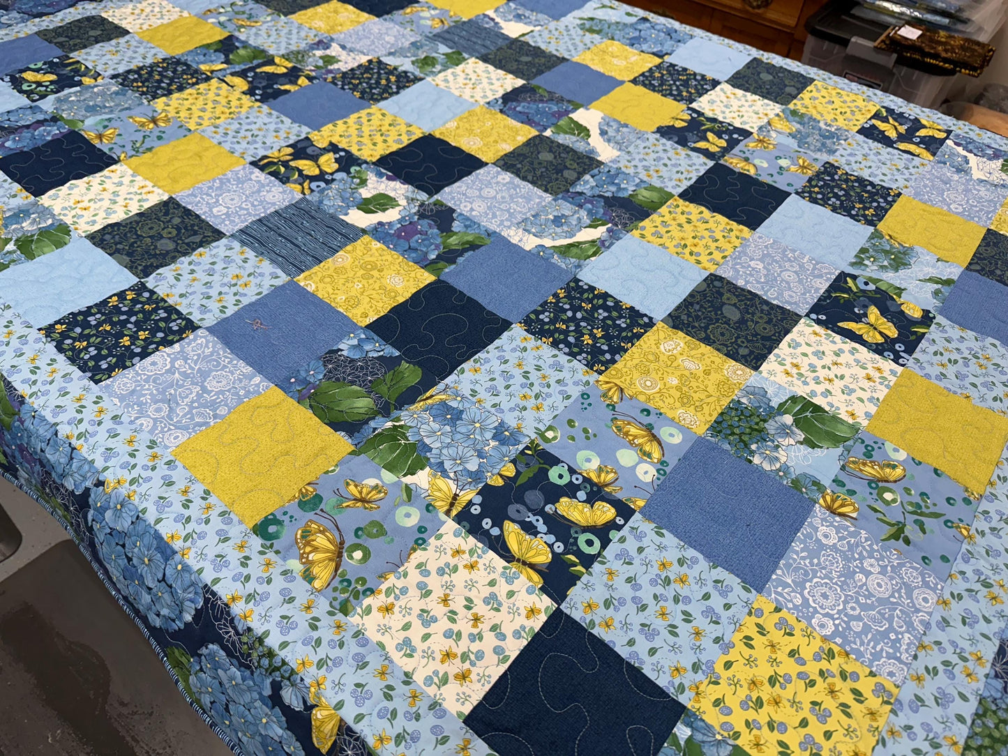 Handmade Patchwork Quilt, Blue Yellow Butterflies - Floral Sofa Throw - 59x72