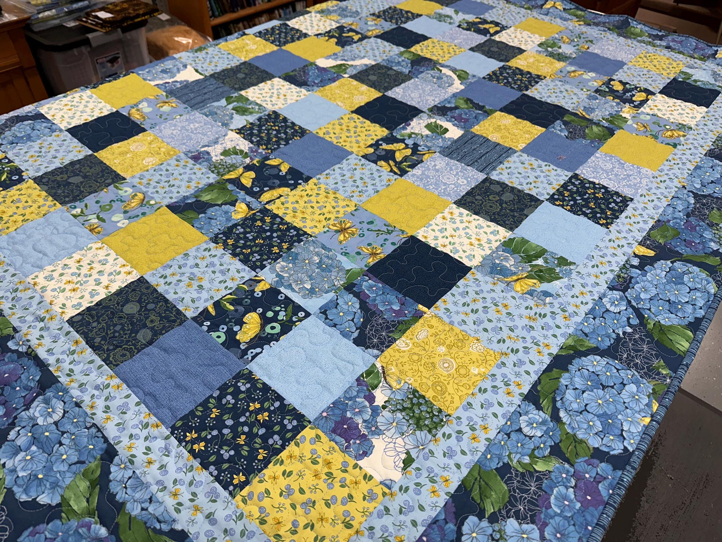 Handmade Patchwork Quilt, Blue Yellow Butterflies - Floral Sofa Throw - 59x72