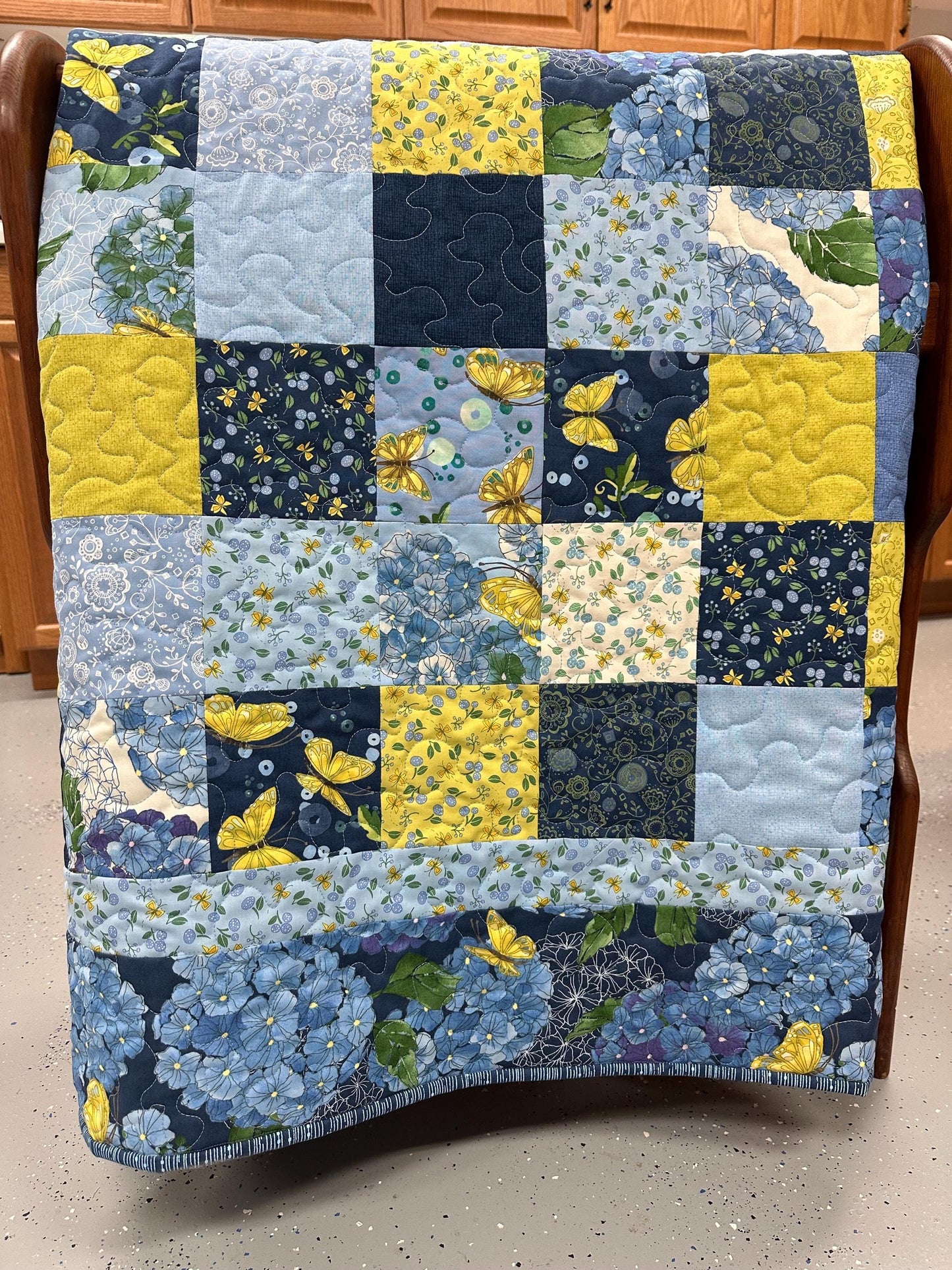 Handmade Patchwork Quilt, Blue Yellow Butterflies - Floral Sofa Throw - 59x72