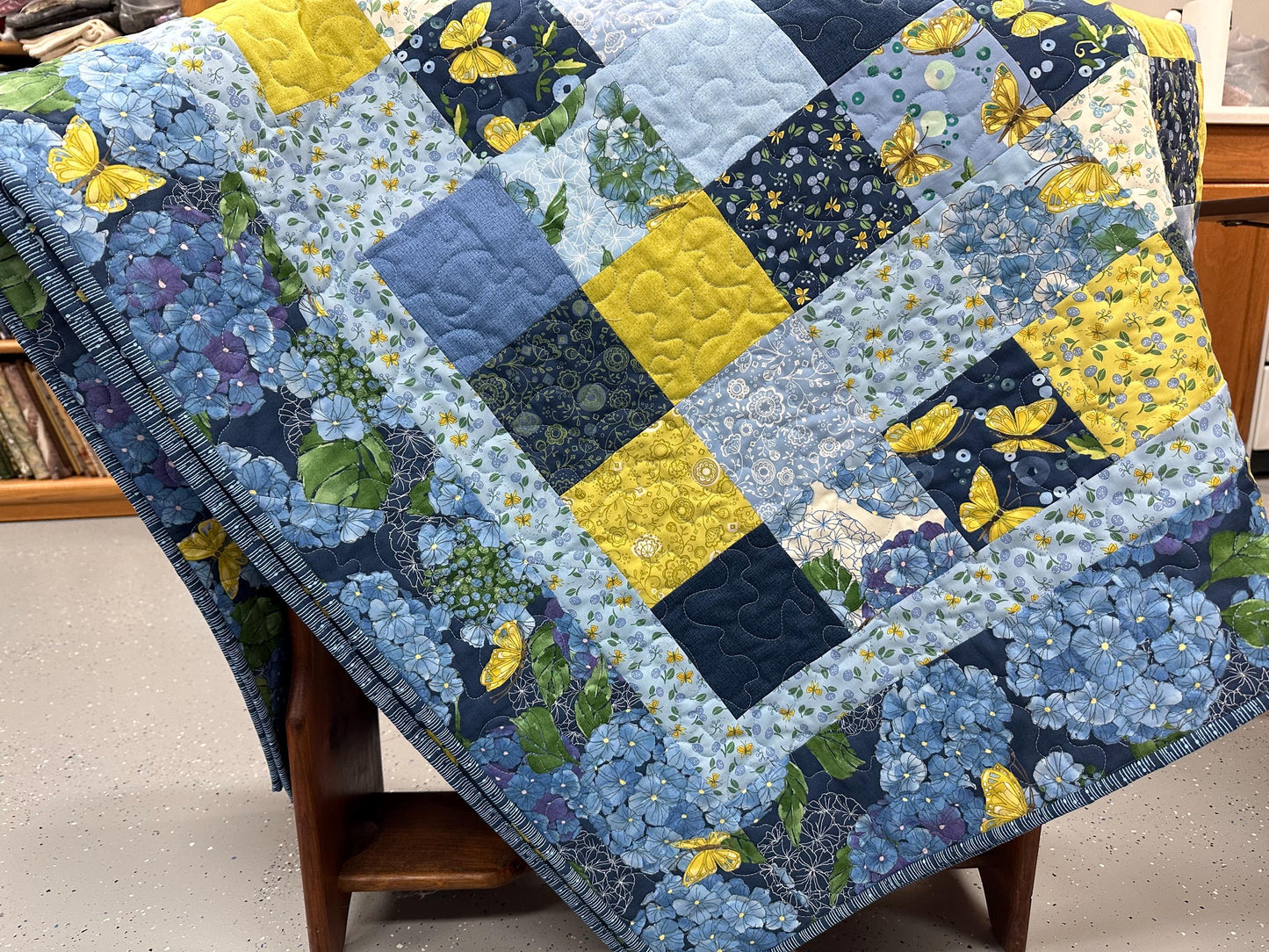 Handmade Patchwork Quilt, Blue Yellow Butterflies - Floral Sofa Throw - 59x72