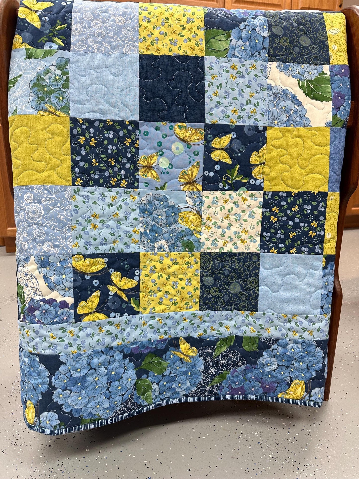 Handmade Patchwork Quilt, Blue Yellow Butterflies - Floral Sofa Throw - 59x72