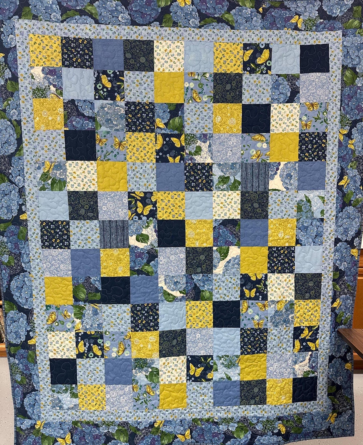 Handmade Patchwork Quilt, Blue Yellow Butterflies - Floral Sofa Throw - 59x72
