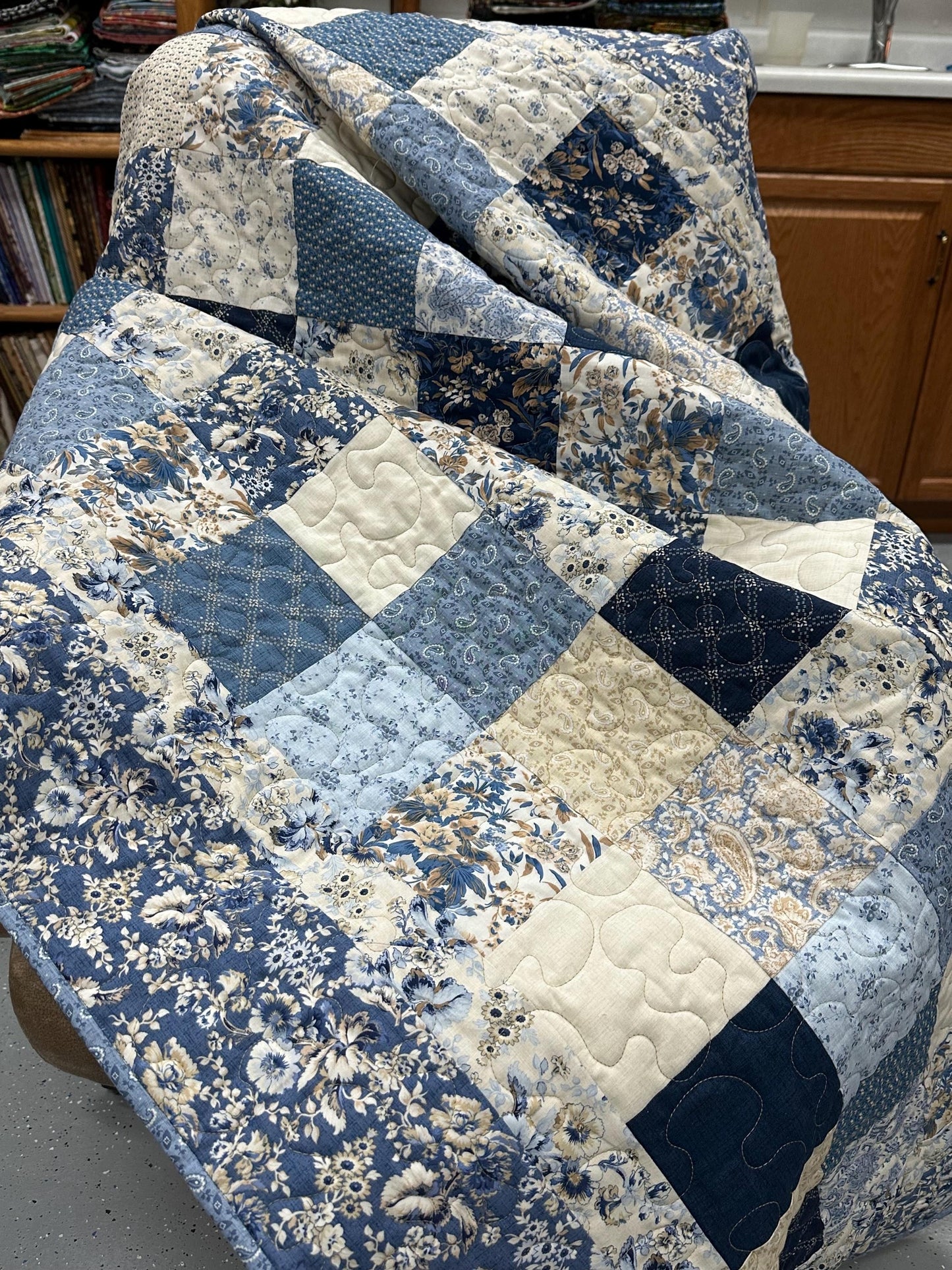 Handmade Patchwork Quilt: Blue Cream Cotton Floral Couch Throw (59" x 72")