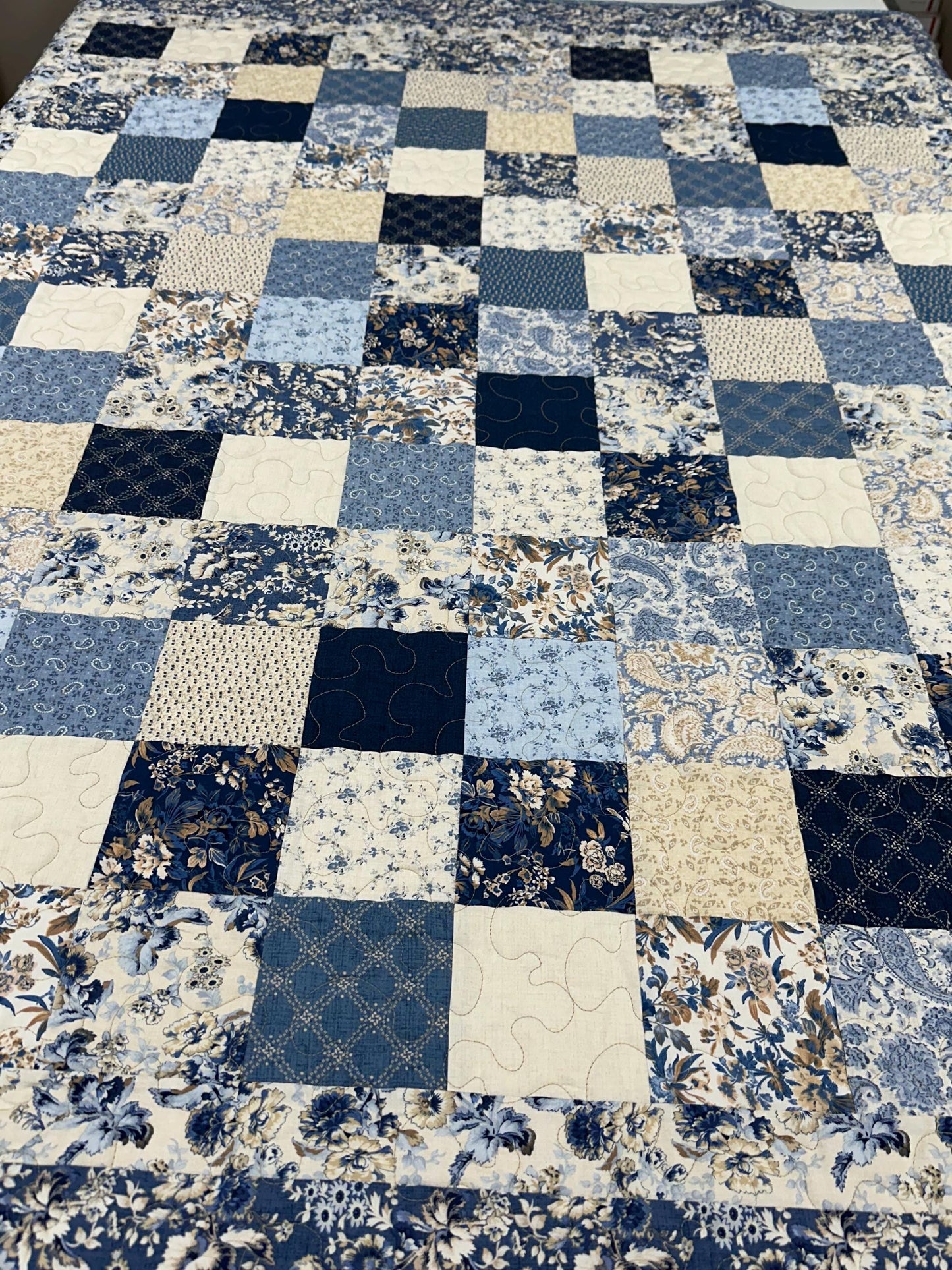 Handmade Patchwork Quilt: Blue Cream Cotton Floral Couch Throw (59" x 72")