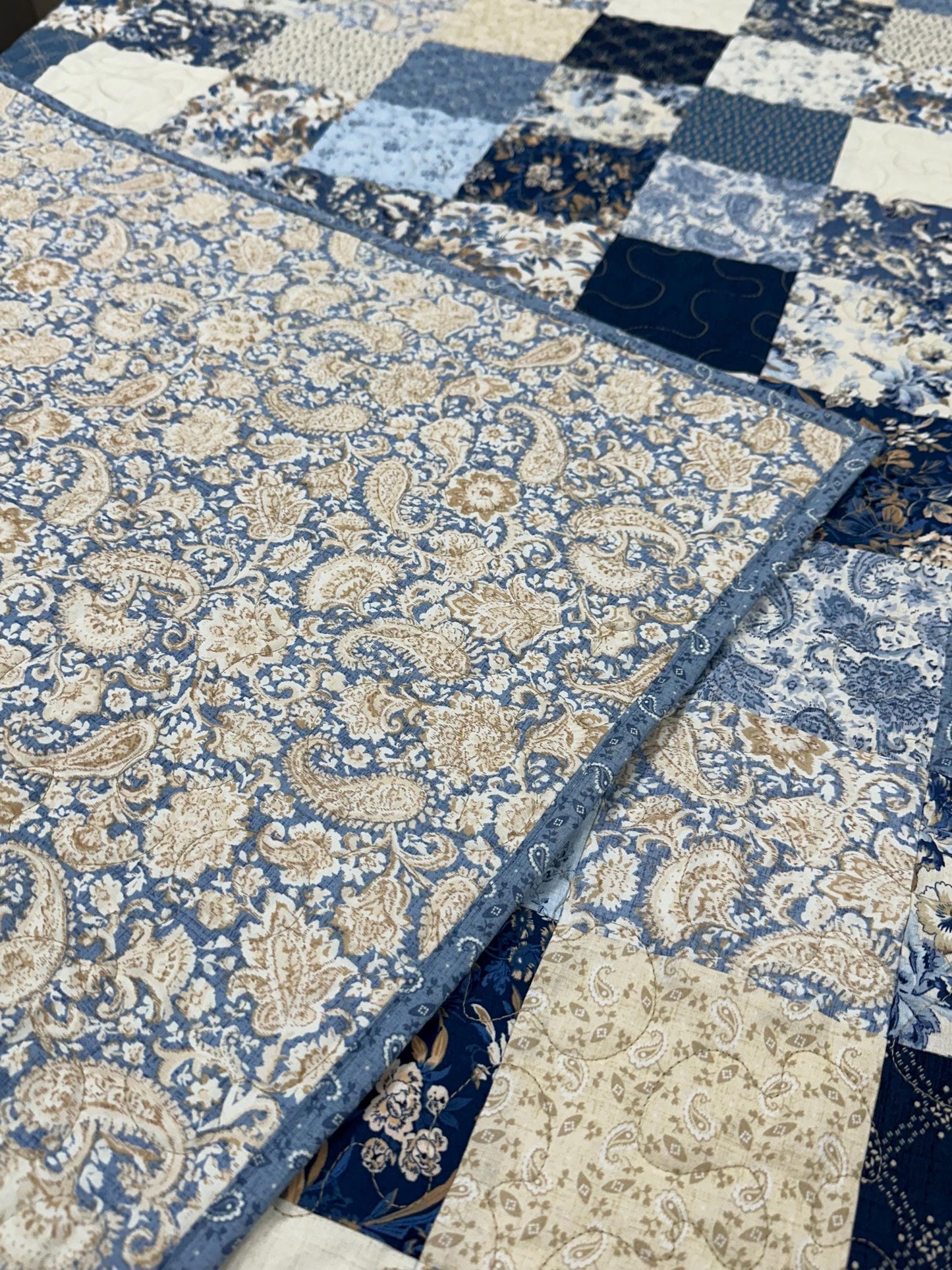 Handmade Patchwork Quilt: Blue Cream Cotton Floral Couch Throw (59" x 72")