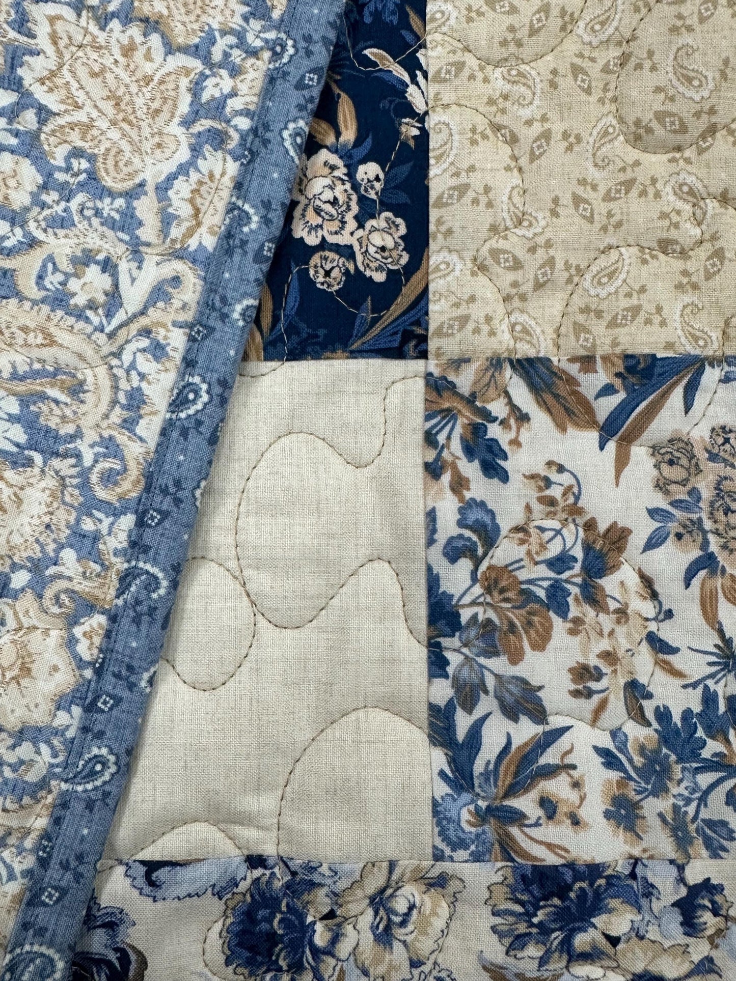 Handmade Patchwork Quilt: Blue Cream Cotton Floral Couch Throw (59" x 72")