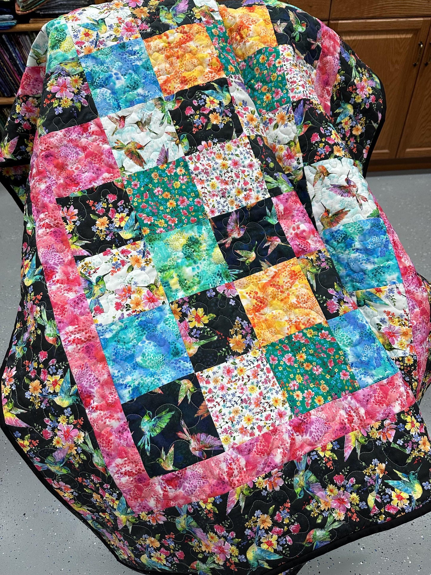 Handmade Hummingbird Patchwork Quilt: 58x72 Throw for Couch, Sofa, or Lap - Modern Floral Blanket