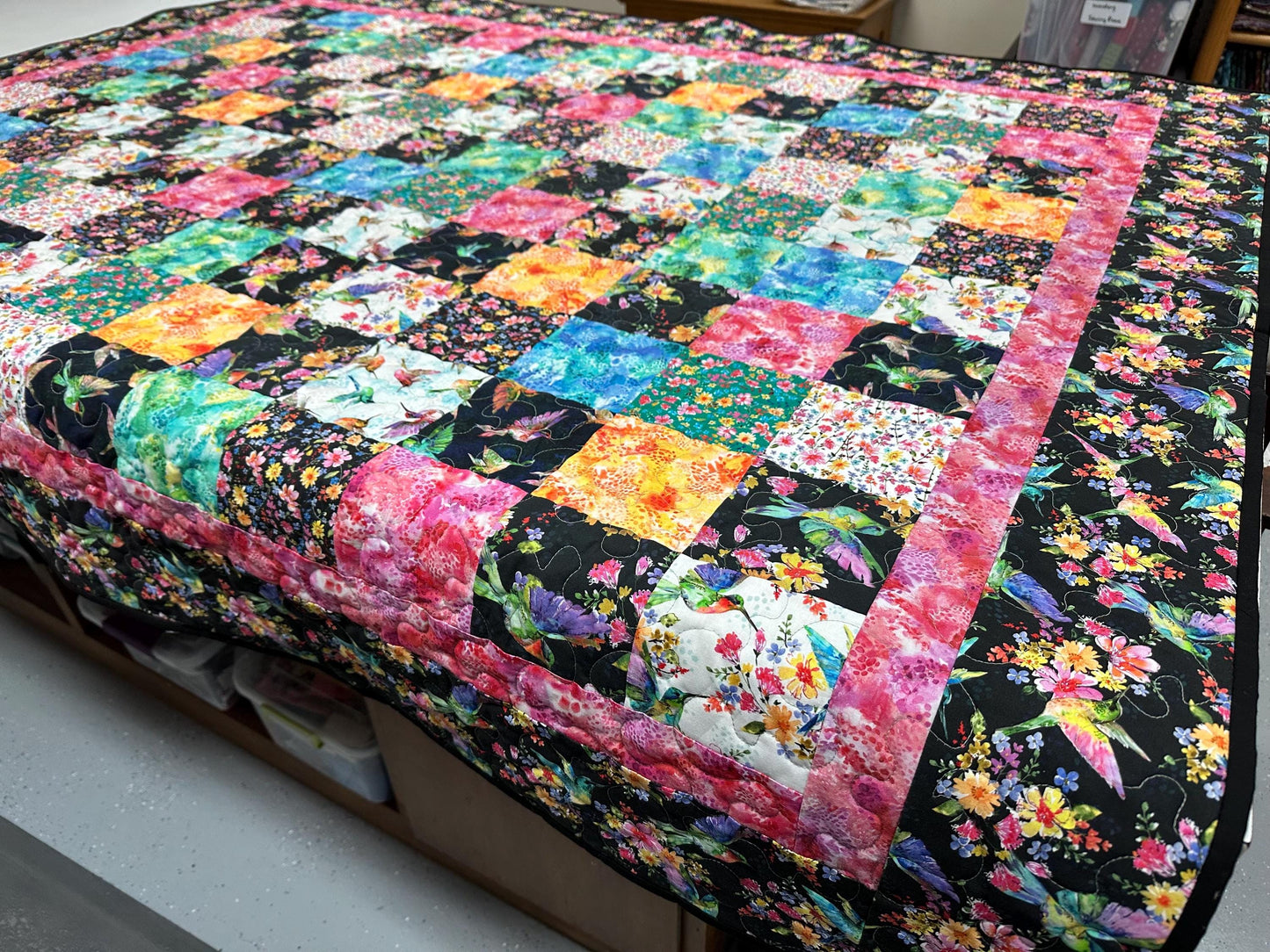 Handmade Hummingbird Patchwork Quilt: 58x72 Throw for Couch, Sofa, or Lap - Modern Floral Blanket