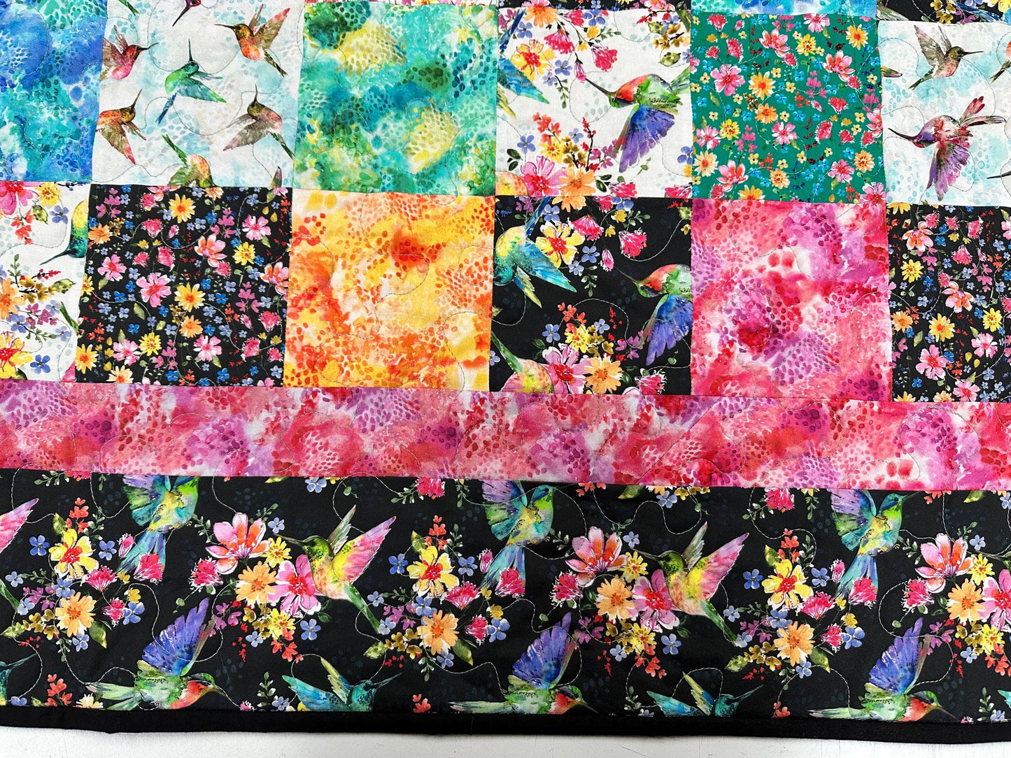 Handmade Hummingbird Patchwork Quilt: 58x72 Throw for Couch, Sofa, or Lap - Modern Floral Blanket