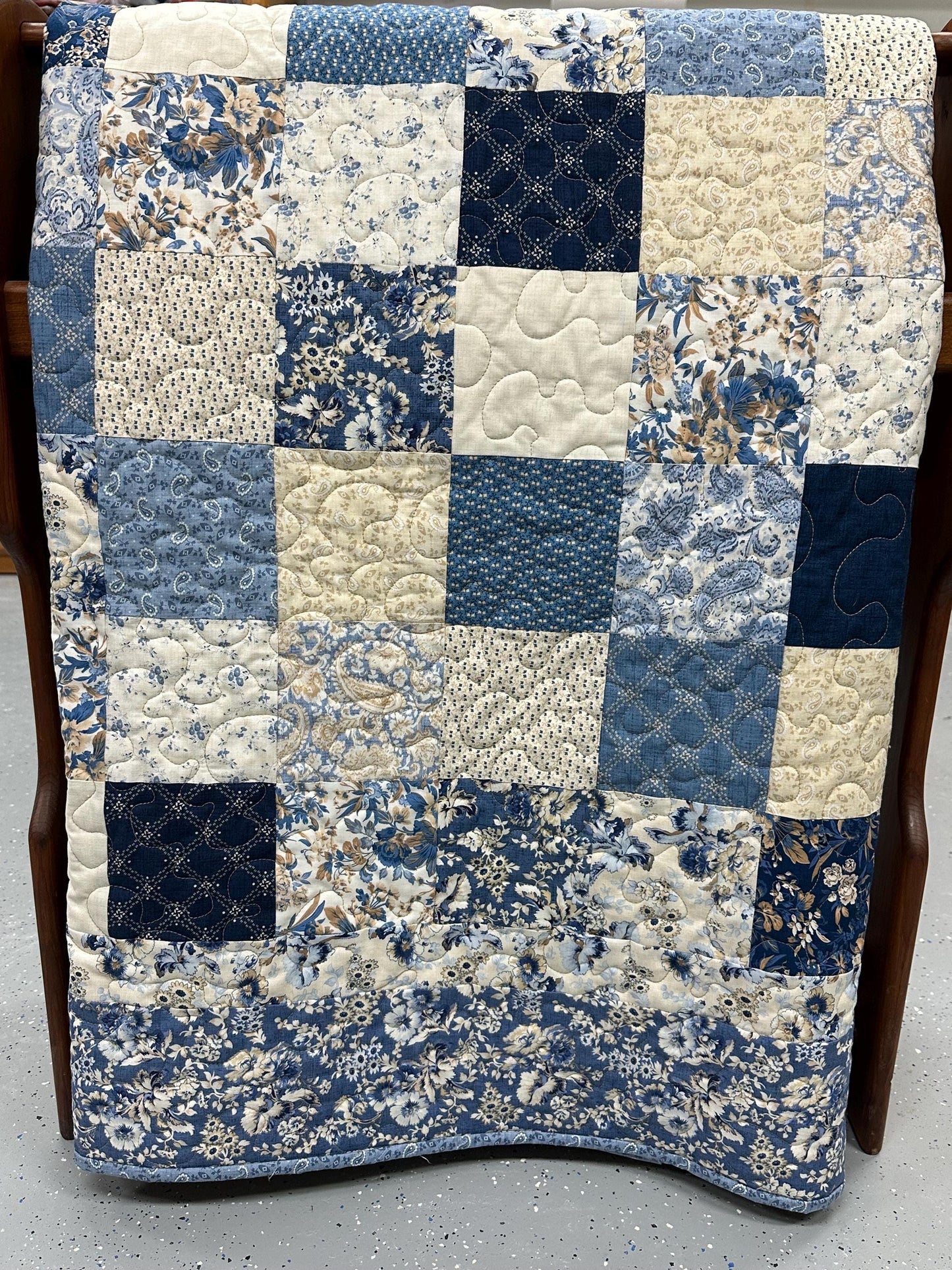 Handmade Patchwork Quilt: Blue Cream Cotton Floral Couch Throw (59" x 72")