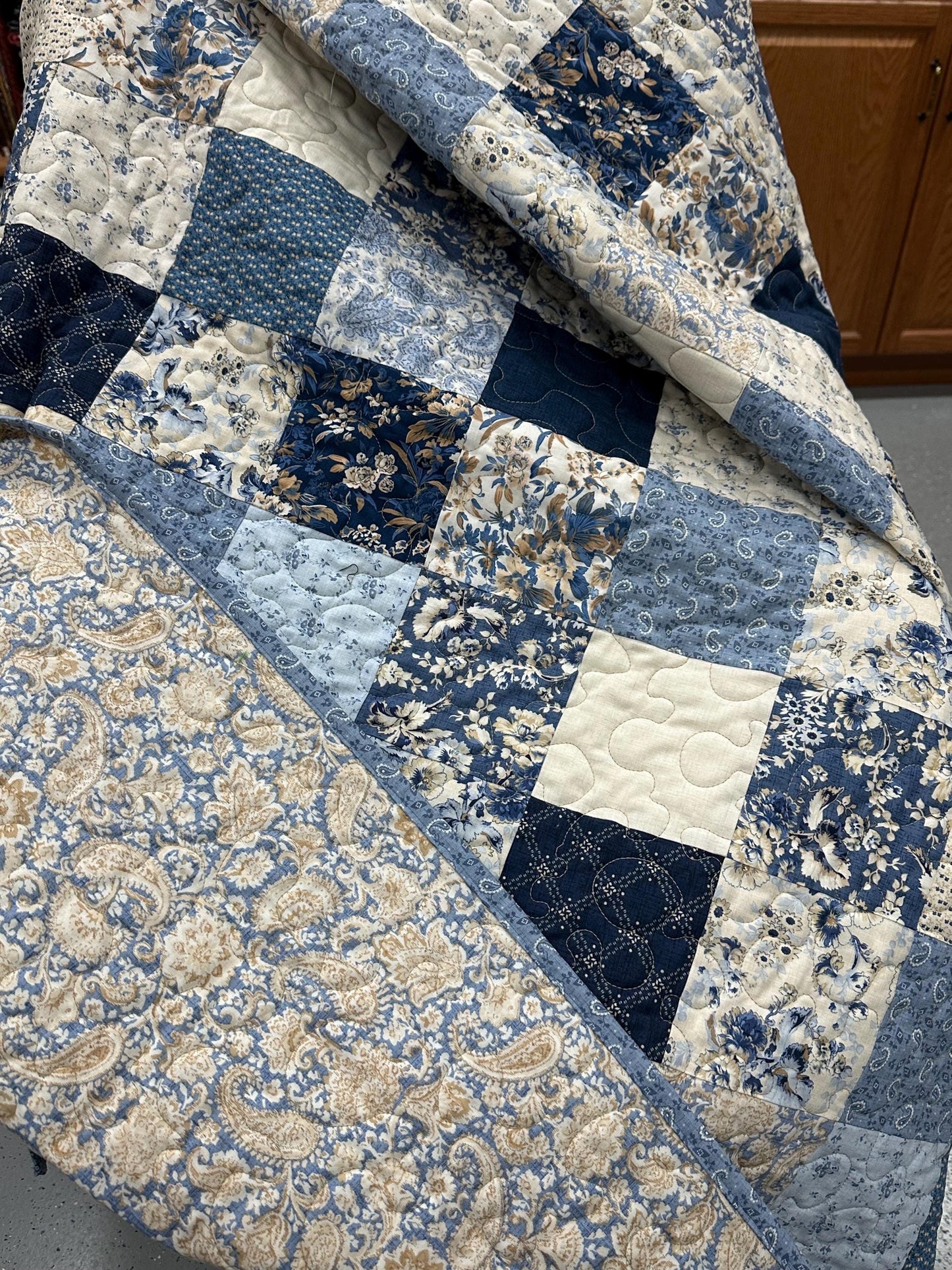 Handmade Patchwork Quilt: Blue Cream Cotton Floral Couch Throw (59" x 72")