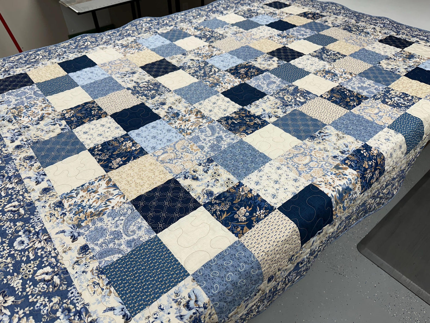 Handmade Patchwork Quilt: Blue Cream Cotton Floral Couch Throw (59" x 72")