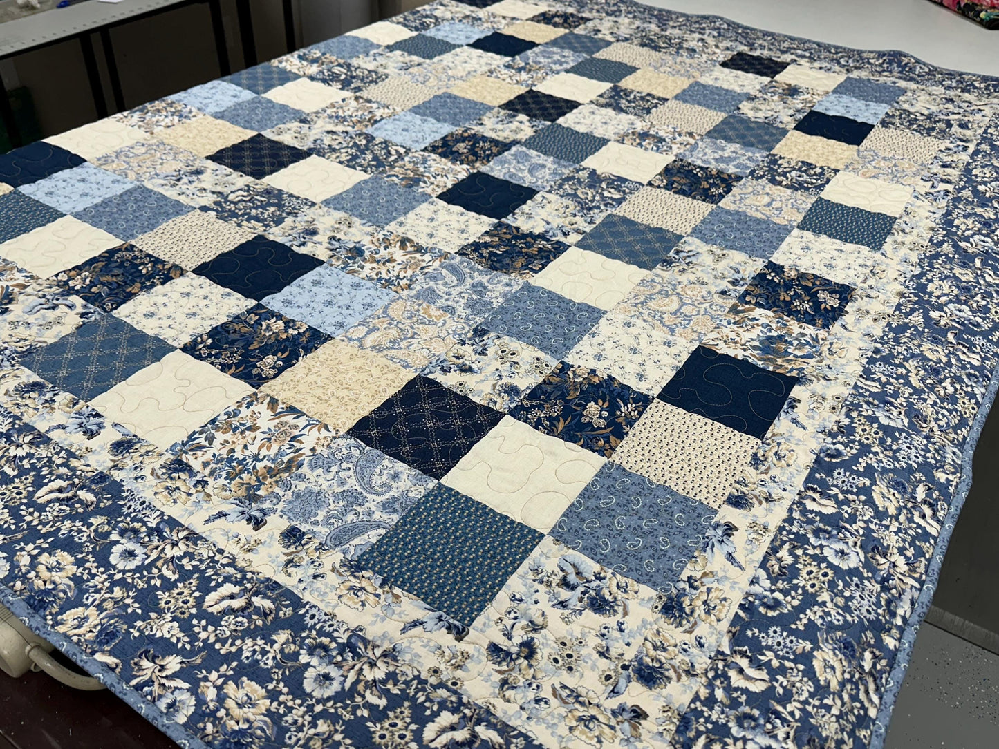 Handmade Patchwork Quilt: Blue Cream Cotton Floral Couch Throw (59" x 72")