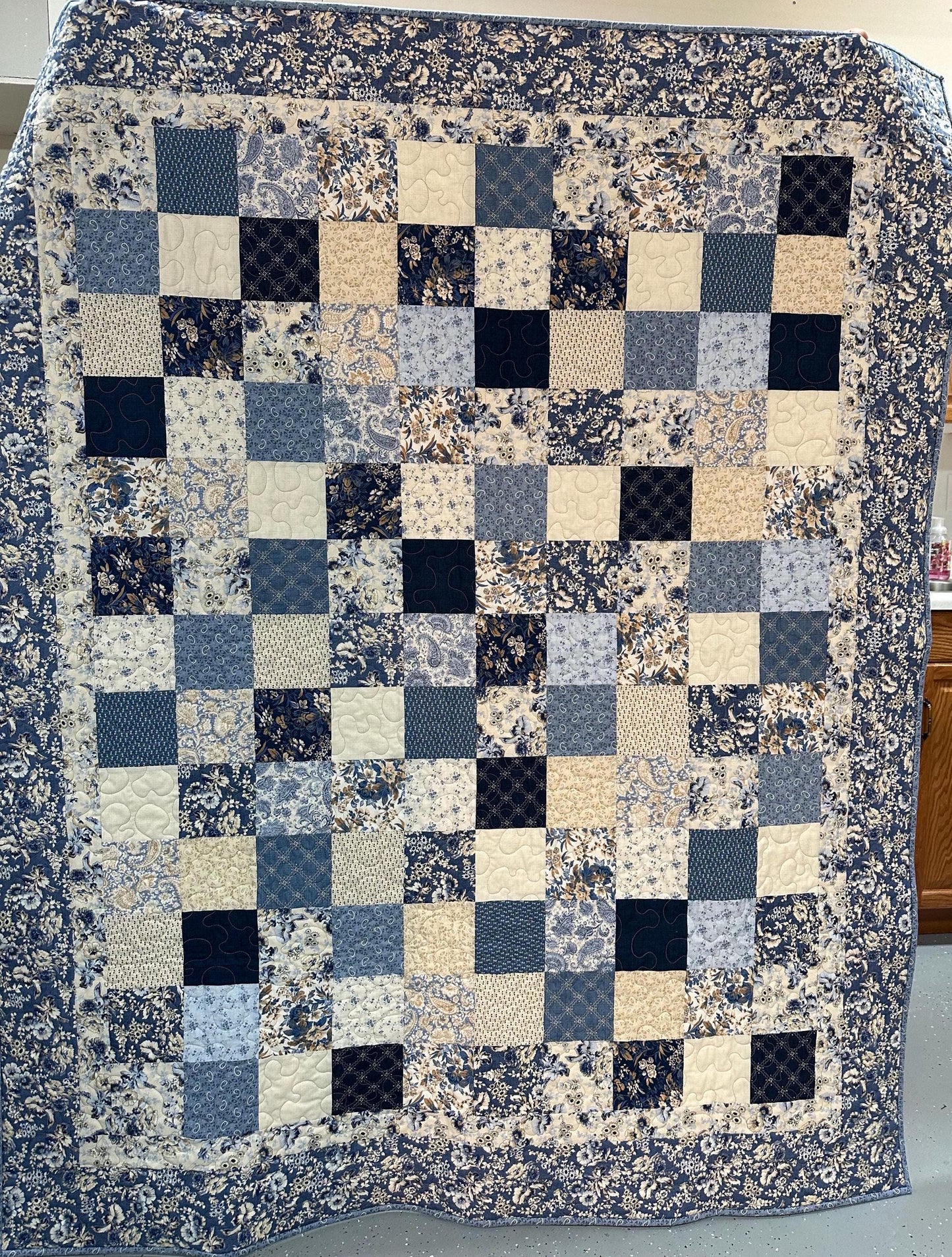 Handmade Patchwork Quilt: Blue Cream Cotton Floral Couch Throw (59" x 72")