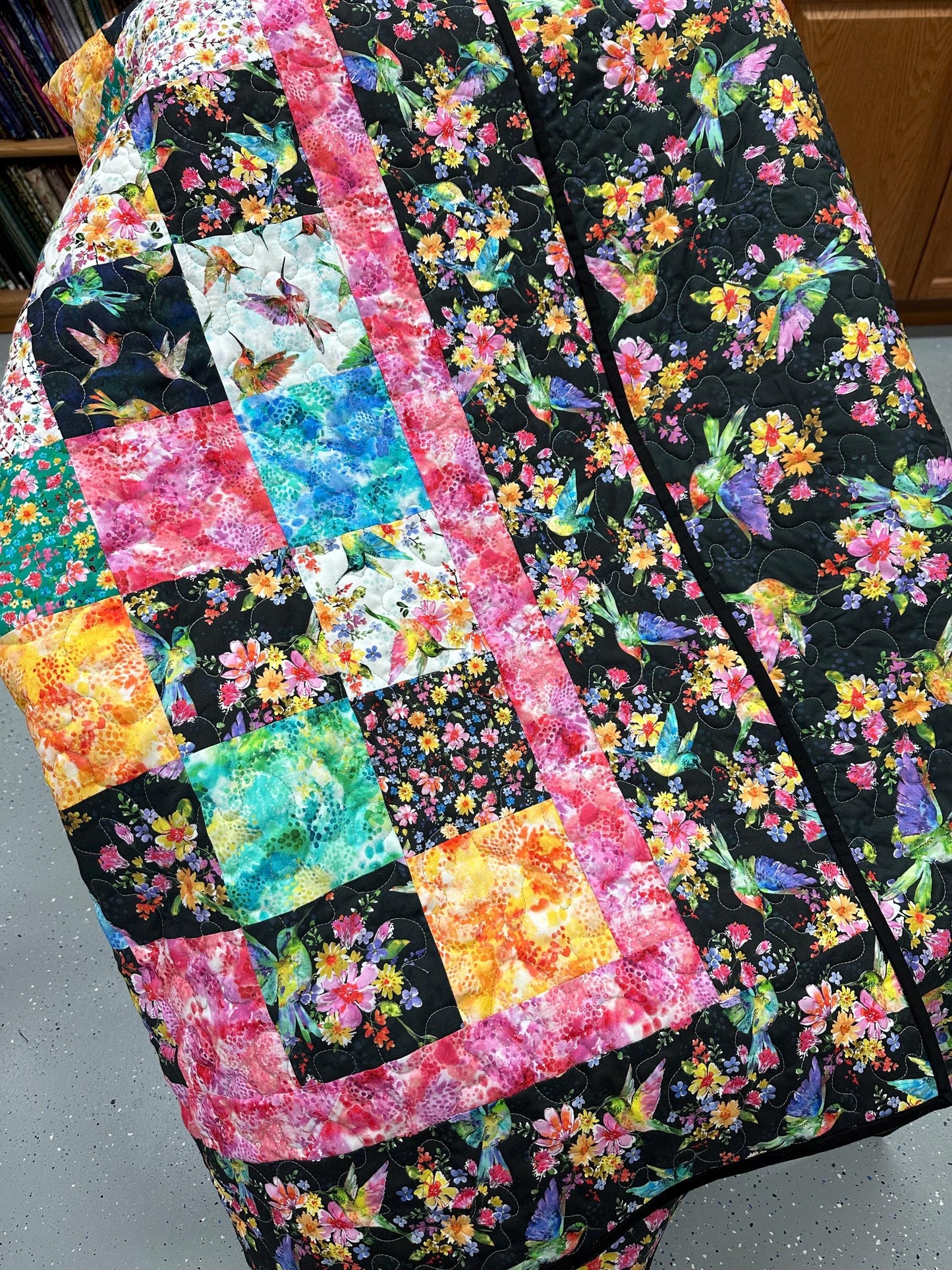 Handmade Hummingbird Patchwork Quilt: 58x72 Throw for Couch, Sofa, or Lap - Modern Floral Blanket