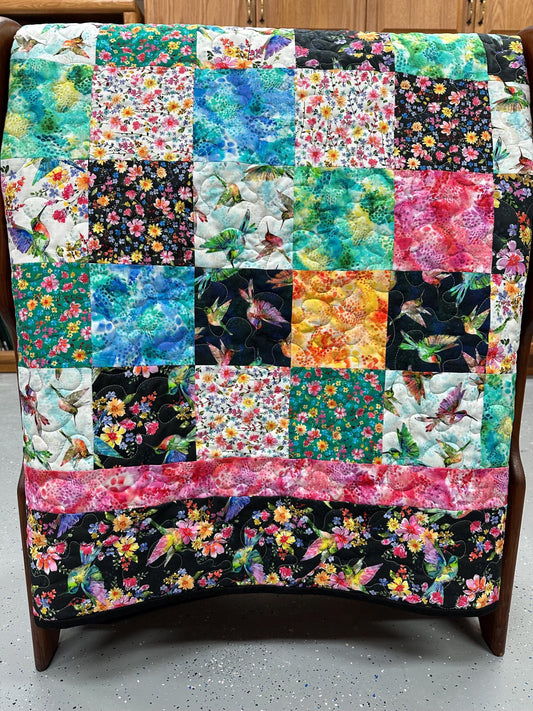 Handmade Hummingbird Patchwork Quilt: 58x72 Throw for Couch, Sofa, or Lap - Modern Floral Blanket