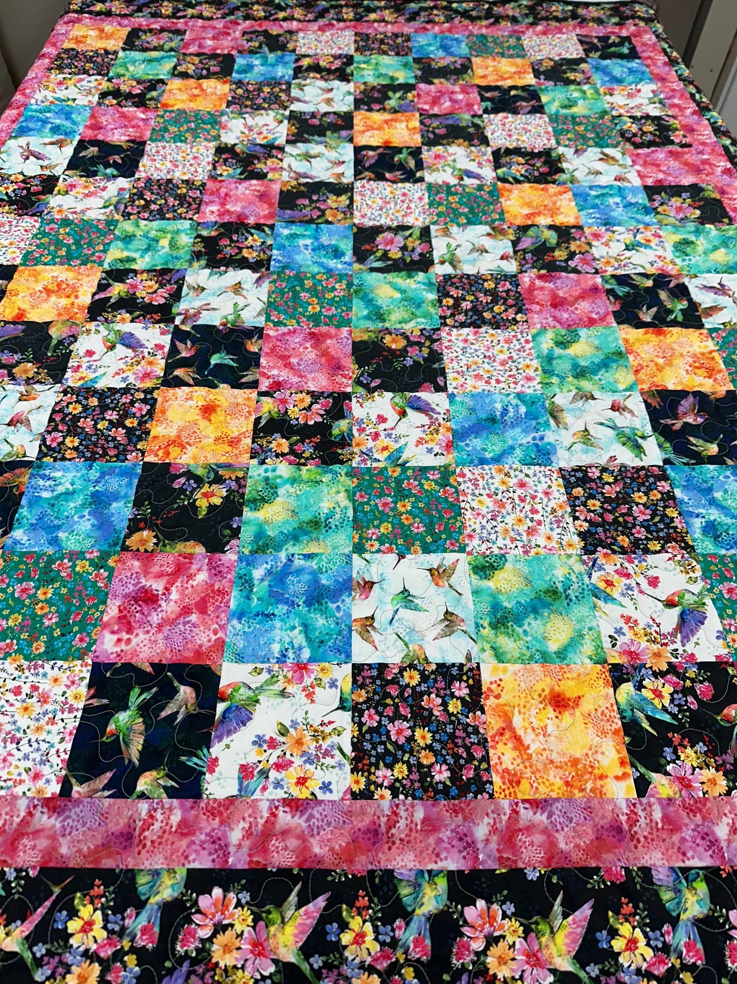 Handmade Hummingbird Patchwork Quilt: 58x72 Throw for Couch, Sofa, or Lap - Modern Floral Blanket