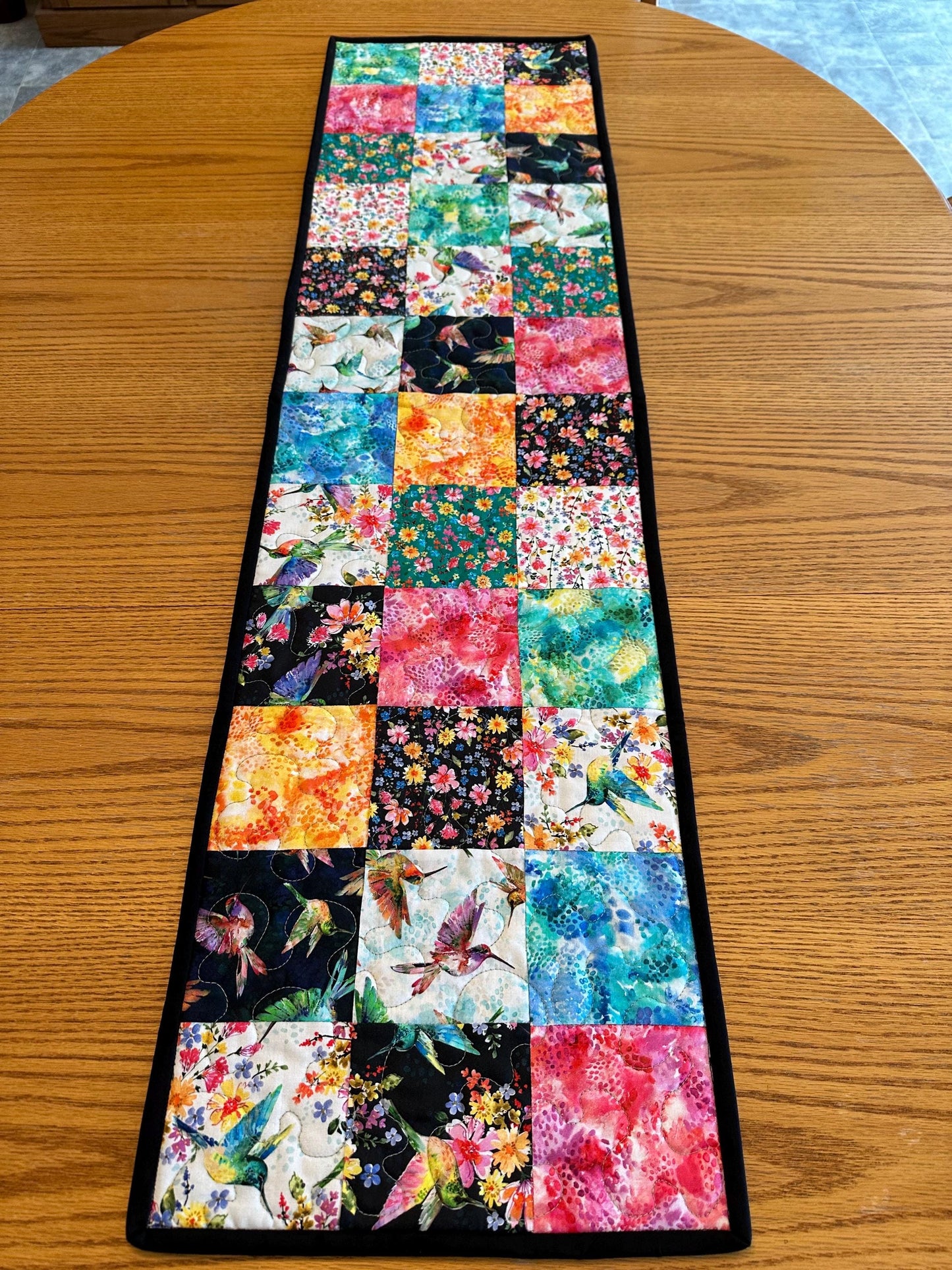 Reversible Quilted Table Runner: Hummingbirds & Flowers, 13 x 48, Kitchen Centerpiece, Dining Room, Housewarming