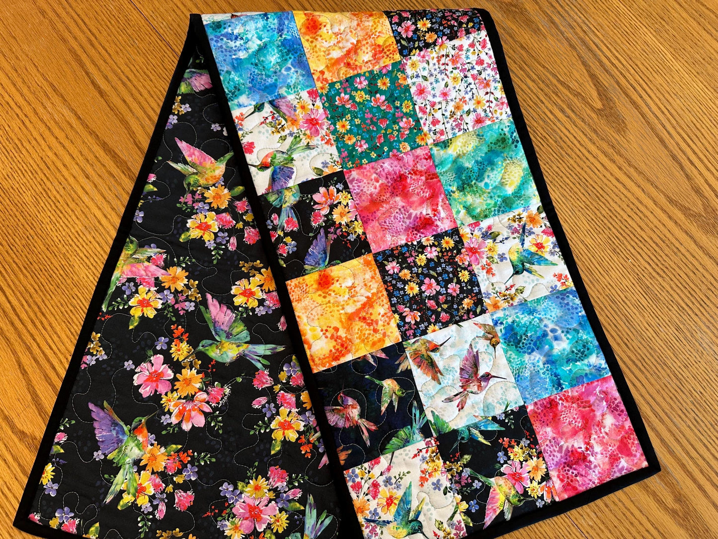 Reversible Quilted Table Runner: Hummingbirds & Flowers, 13 x 48, Kitchen Centerpiece, Dining Room, Housewarming