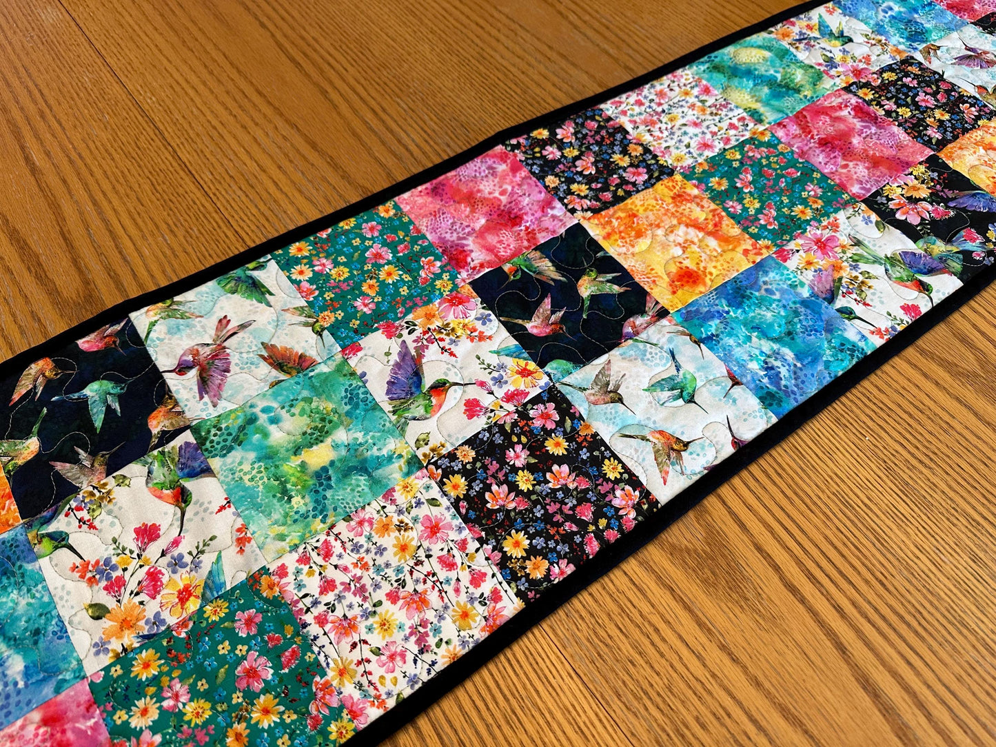 Reversible Quilted Table Runner: Hummingbirds & Flowers, 13 x 48, Kitchen Centerpiece, Dining Room, Housewarming