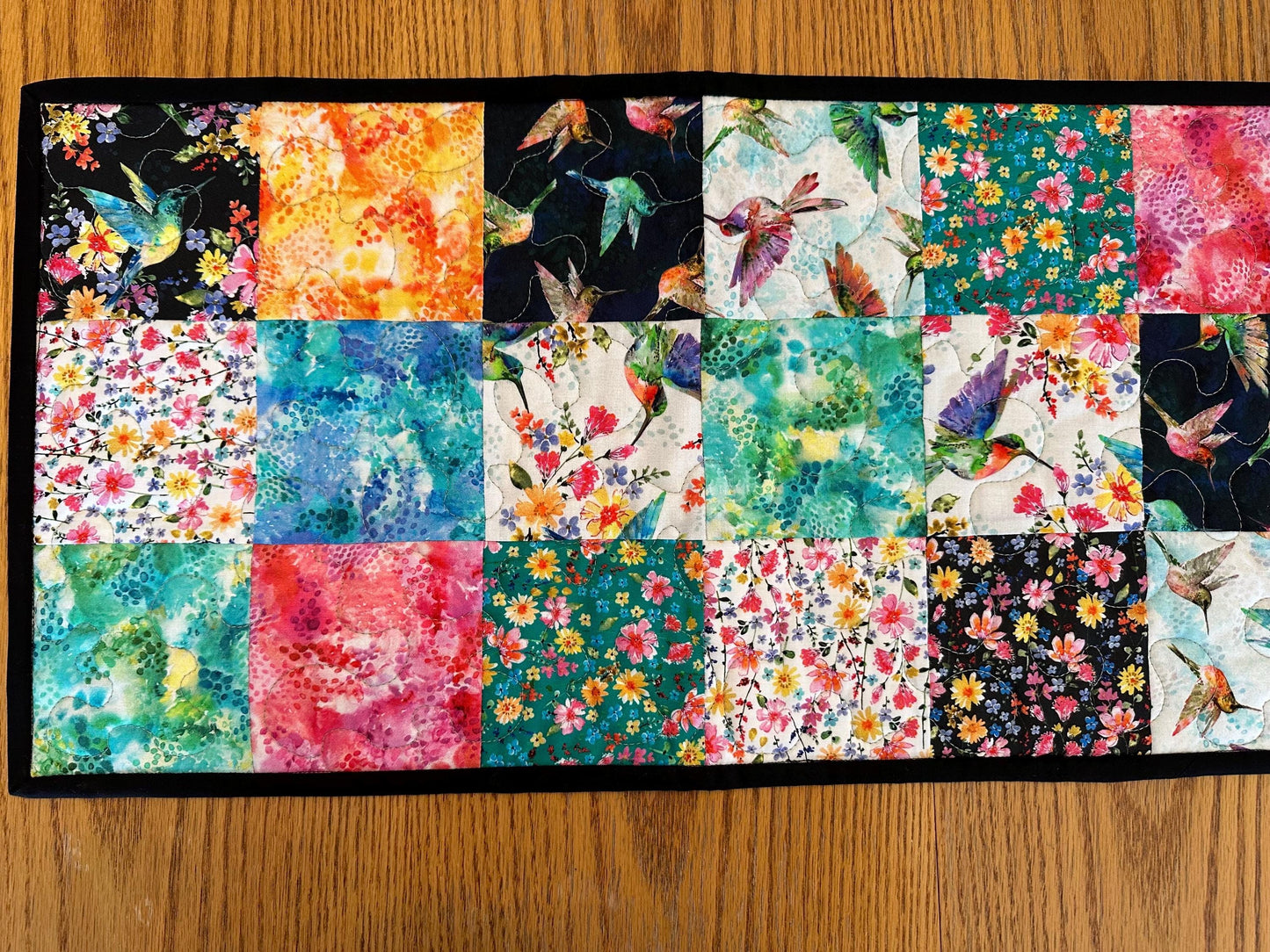 Reversible Quilted Table Runner: Hummingbirds & Flowers, 13 x 48, Kitchen Centerpiece, Dining Room, Housewarming